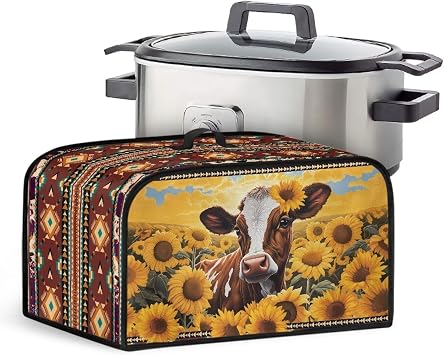 Aztec Sunflower Cow Oval Crock Pot Cover with Mesh Pocket Washable Slow Cooker Dust Cover with Top Handle Stain Resistant Dust Cover for 6 7 8 Quart Slow Cooker Keep Appliance Clean