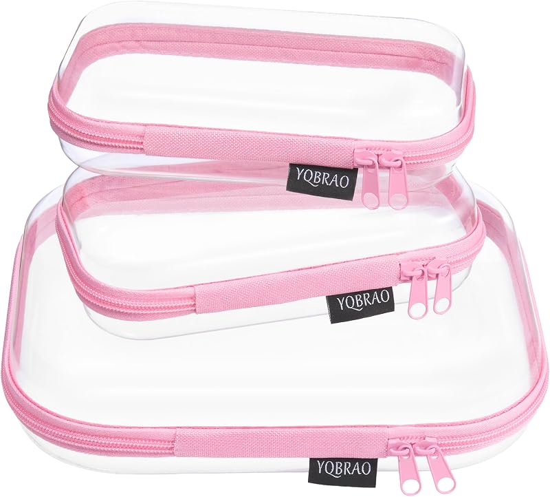 YQBRAO Conjunto com 3 estojos transparentes rígidos com zíper, 1 médio e 2 pequenos, rosa