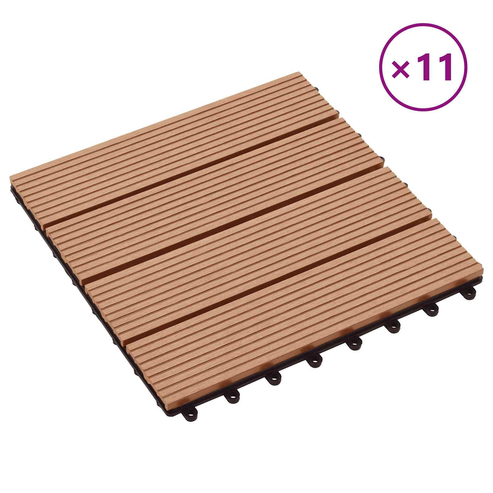 11 piastrelle per terrazze in WPC, 30 x 30 cm, a incastro, per balconi e giardini, effetto teak, resistenti alle intemperie, sistema di piastrelle per esterni