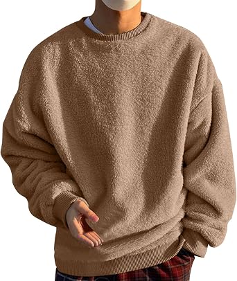 Mens Fuzzy Sherpa Pullover Sweatshirts Fluffy Oversized Sportshirt Cold Weather Casual Warm Crewneck Sweater Top