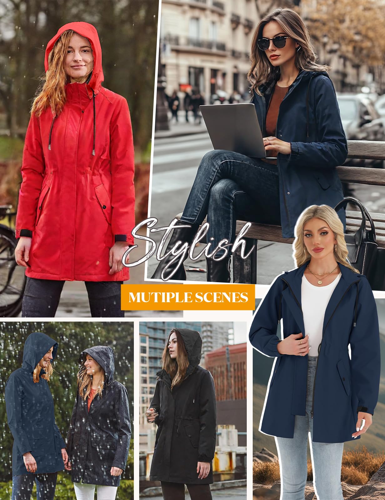 CMTOP Veste Imperméable Femme Raincoat Léger Respirant Coupe Vent Impermeable, Manteau de Pluie à Capuche Printemps Automne d'Extérieur Trench Coat pour Randonnée Camping