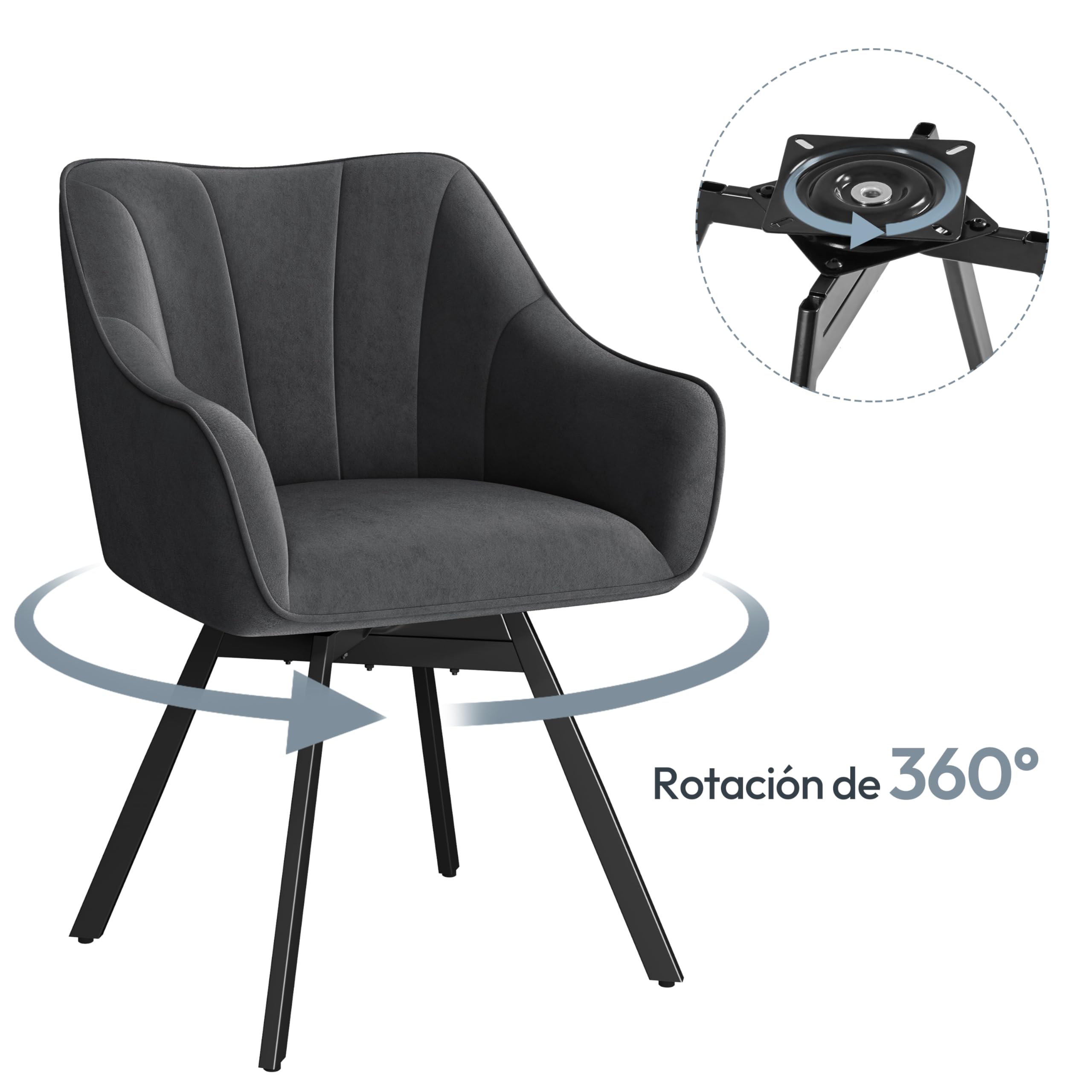 Yaheetech Silla de Comedor Giratoria con Reposabrazos Respaldo Sillón Auxiliar Moderno de Terciopelo con Patas Metálicas Asiento Giratorio para Cocina Salón (1, Gris Oscuro)