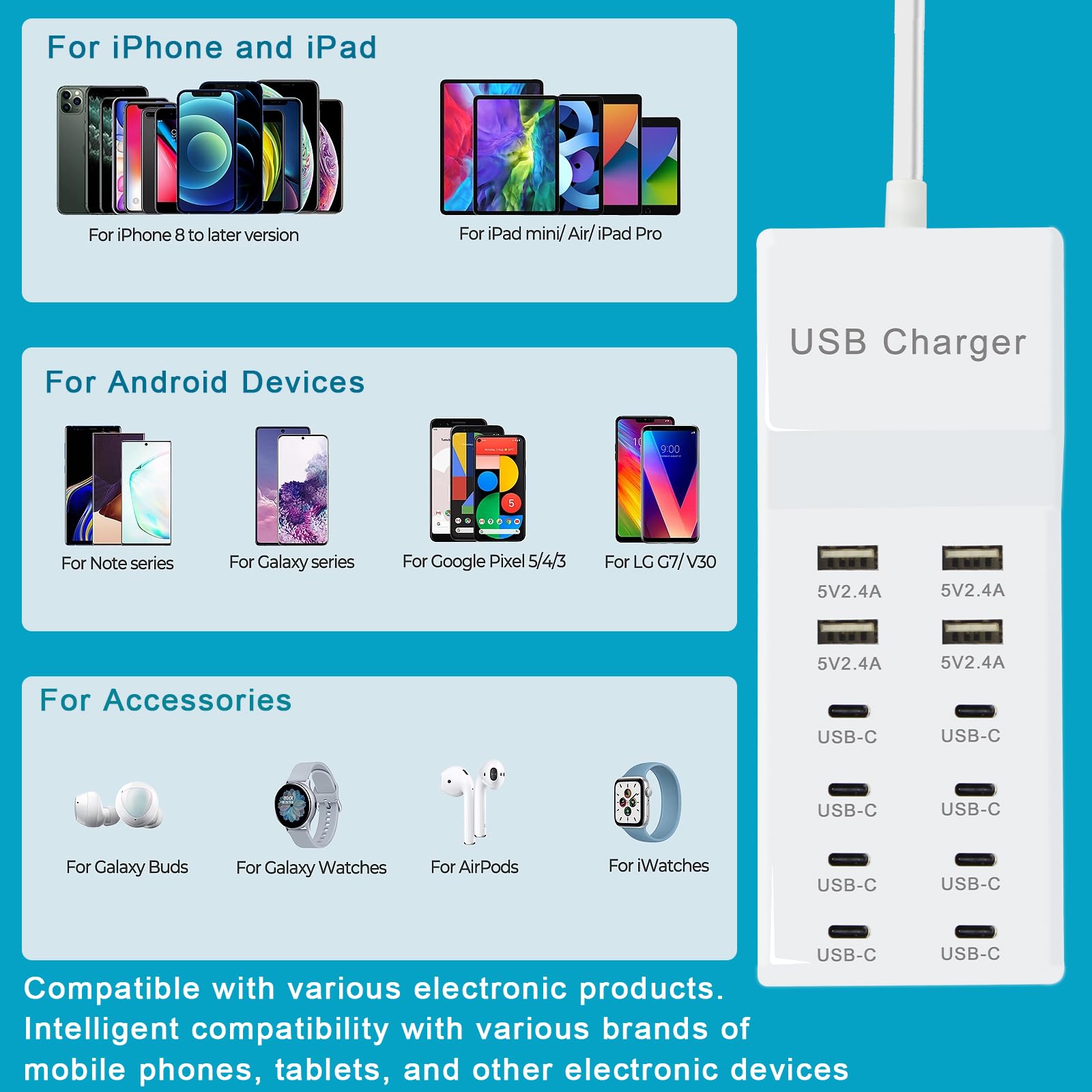 Bloc chargeur USB, station de charge 12 ports (4 USB-A 8 USB-C)