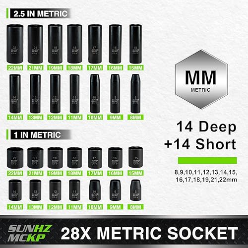 Miniatura 2 de SUNHZMCKP Juego de llaves de impacto de 38 pulgadas, 52 piezas SAE estándar (516-34 pulgadas) y métricas (0.315-0.866 in) poco profundas y