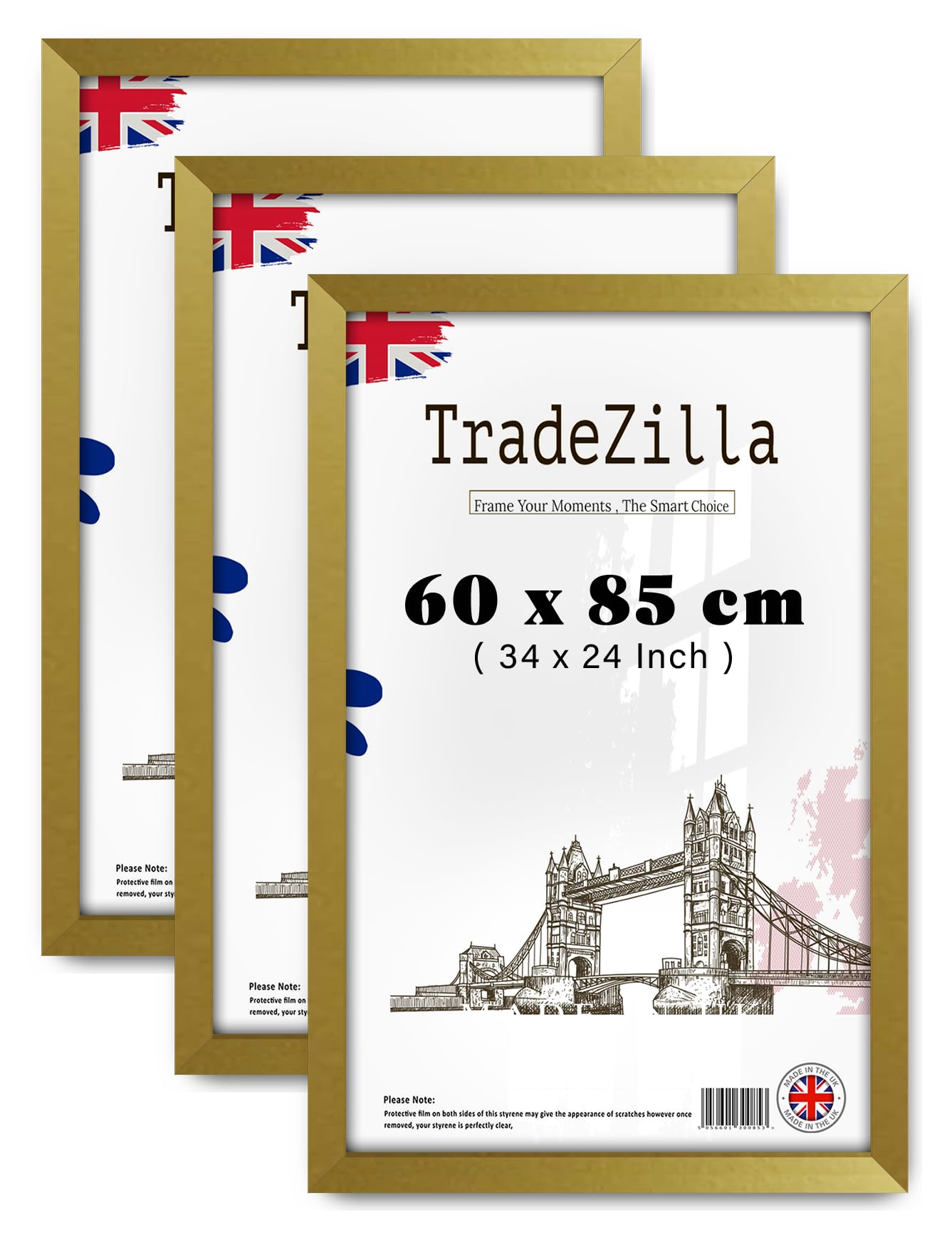 TradeZilla pack of 3 MDF Wood Picture Frame (60 x 85 CM) Wall Gallery Art Frame for Home & Office, Premium MDF Wood, Hanging Hooks for Vertical & Horizontal Display [ Gold ]