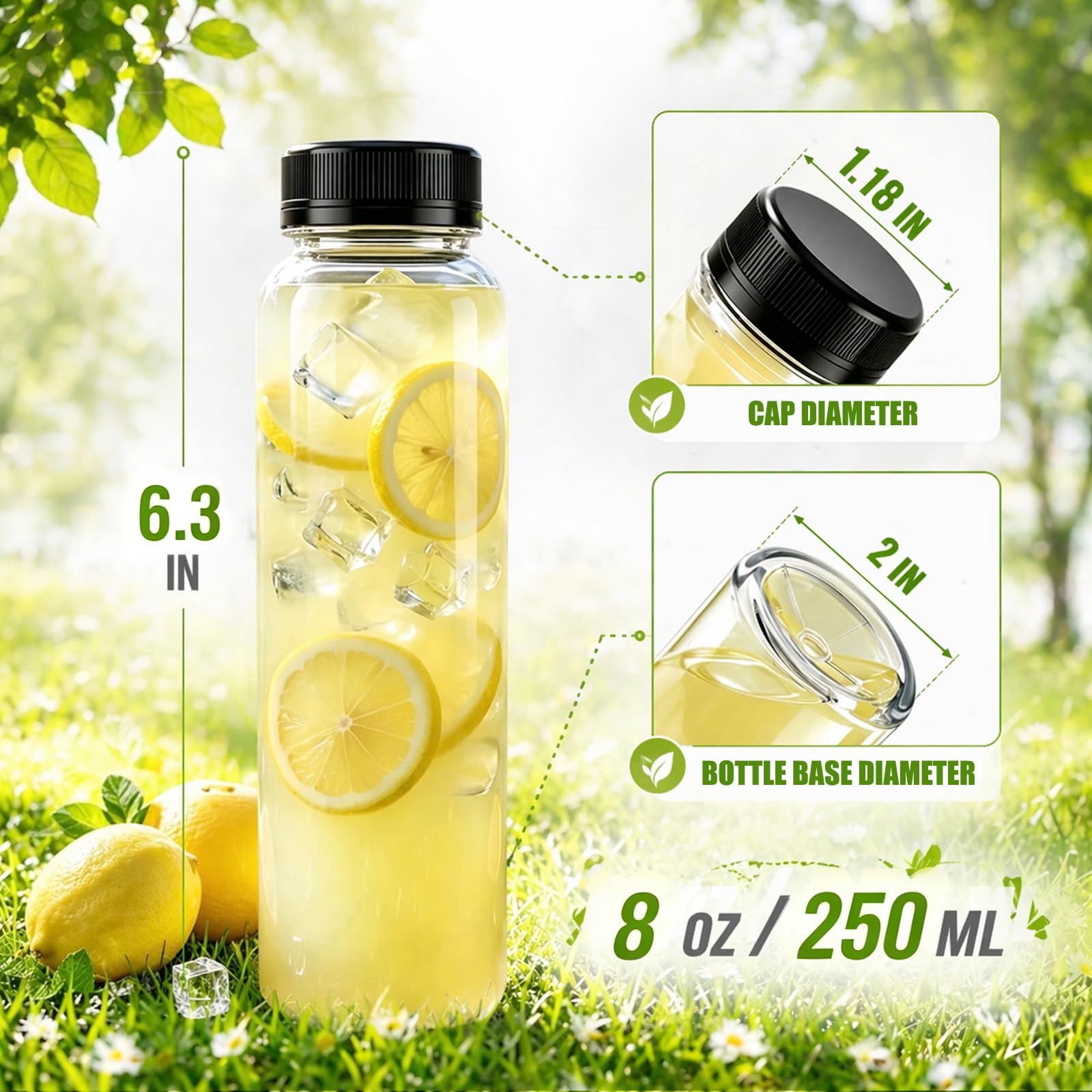 Kaderron 48 bottiglie di succo di plastica da 8 once con tappi, bottiglie di plastica monouso in PET vuote sfuse con coperchi neri antimanomissione per succhi, bevande e altre bevande