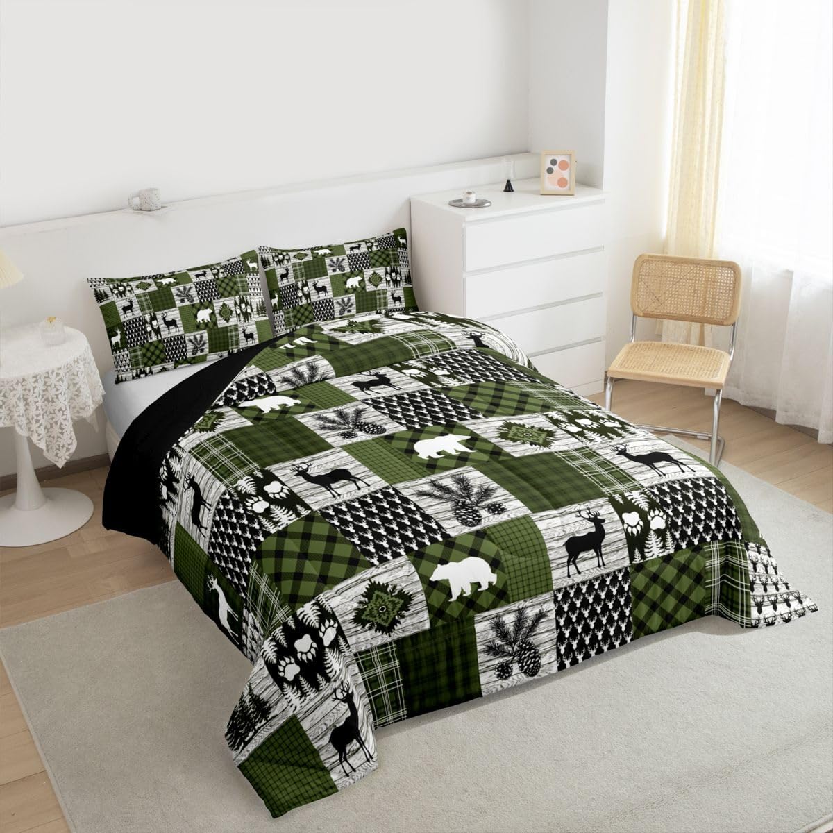 Feelyou Lodge Plaid Comforter Set All Season Bear Deer Bedding Set with 2 Pillow Cases Cabin Farmhouse Rustic Kids Queen Bedclothes Country Bedroom Decor Green Duvet Quilt Breathable Soft Lightweight