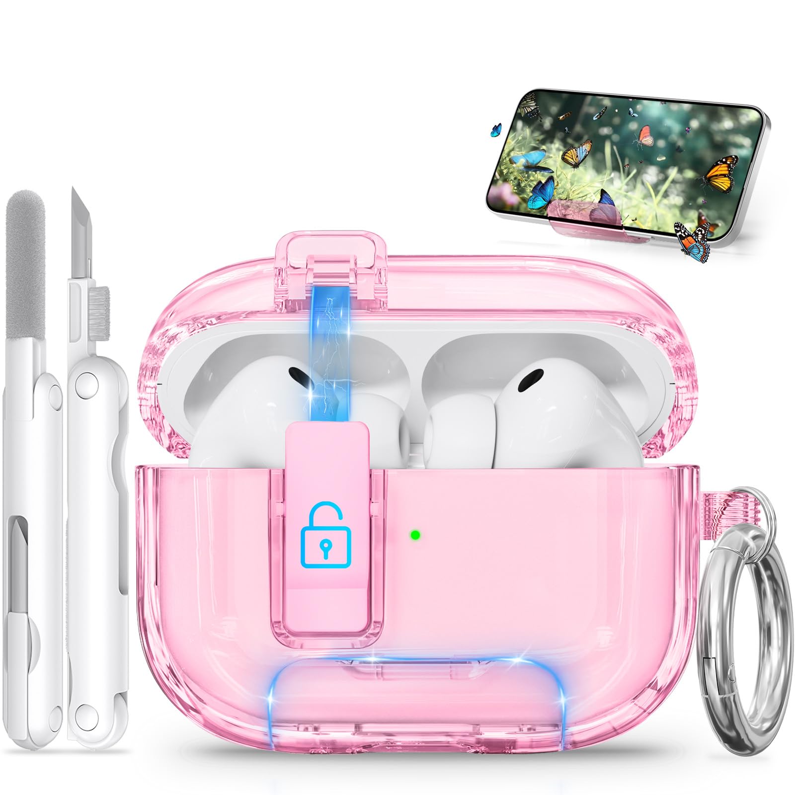 for AirPods Pro 3 Case 2025 with Phone Stand &amp; Secure Lock, Auto-Open Clear Case Cover Compatible with Apple AirPods Pro 3rd Generation with Cleaning Kit &amp; Keychain