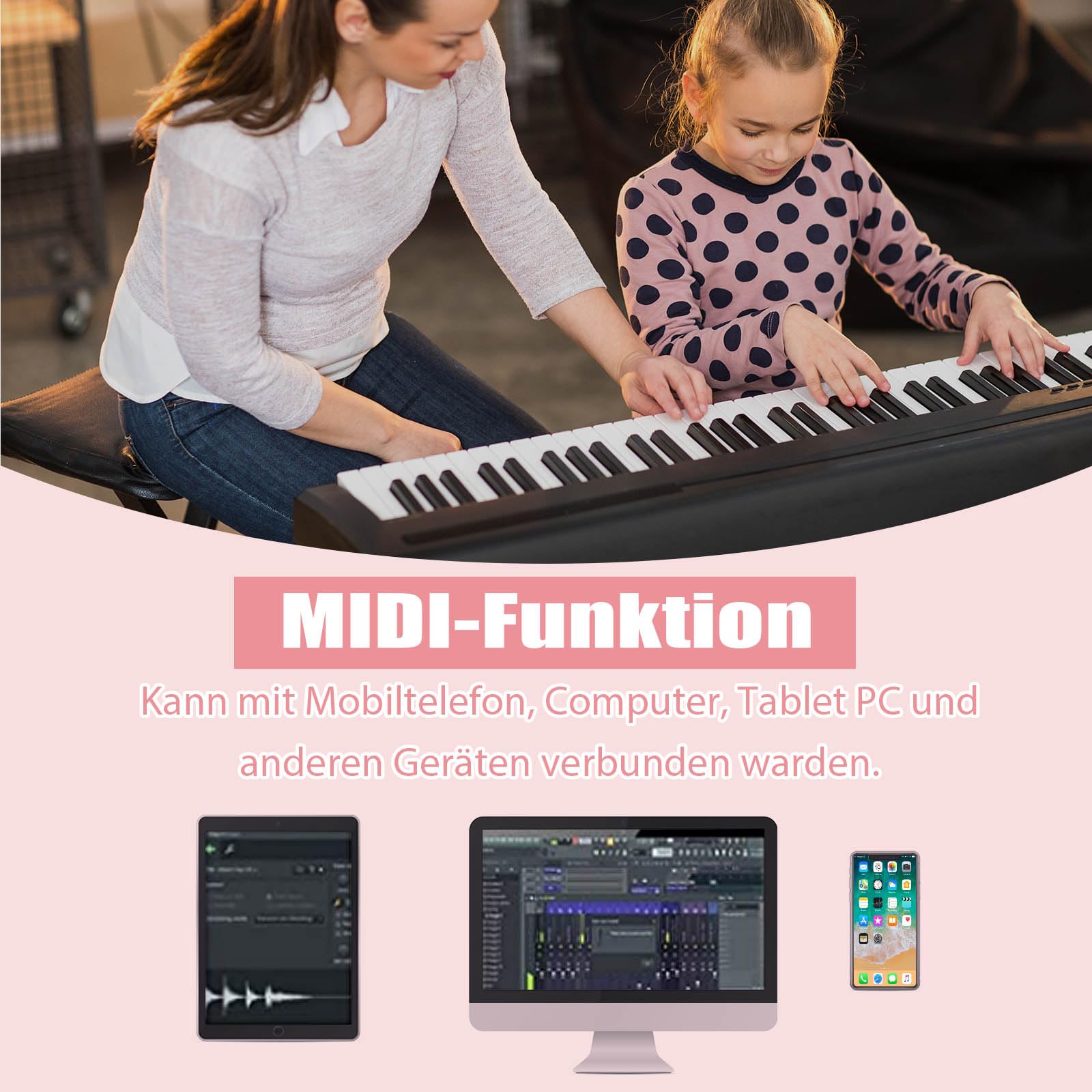 KOMFOTTEU Pianoforte Digitale 88 Tasti Multifunzionale con Funzione Bluetooth e USB, Regolazione Dinamica, Tastiera Elettronica Semi-Pesato, Nero