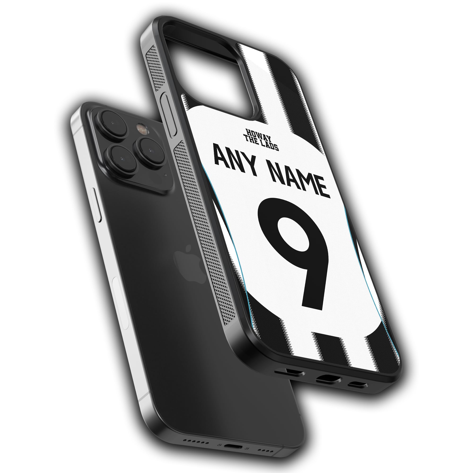 Personalised Football Phone Case (Newcastle Design) Name & Number Custom Bumper Cover (Compatible with iPhone 15 Plus) Black