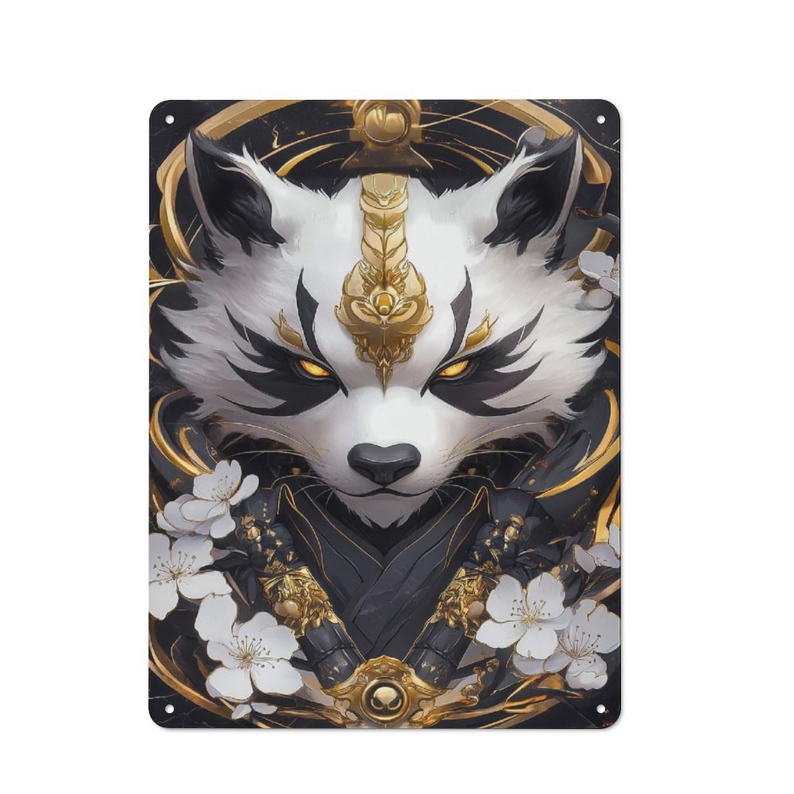 Decorative Metal Plaque with Golden Fox Art Print Animal Design 40x30cm, Casual Utility Space Decor for Patio Bar, Workshop, Shed Or Kitchen
