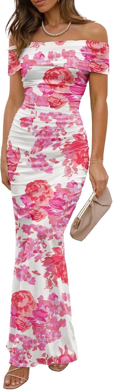 Wedding Guest Dresses for Women 2025 Floral Formal Cocktail Maxi Styles Off The Shoulder Stretch Sexy Bodycon Dress