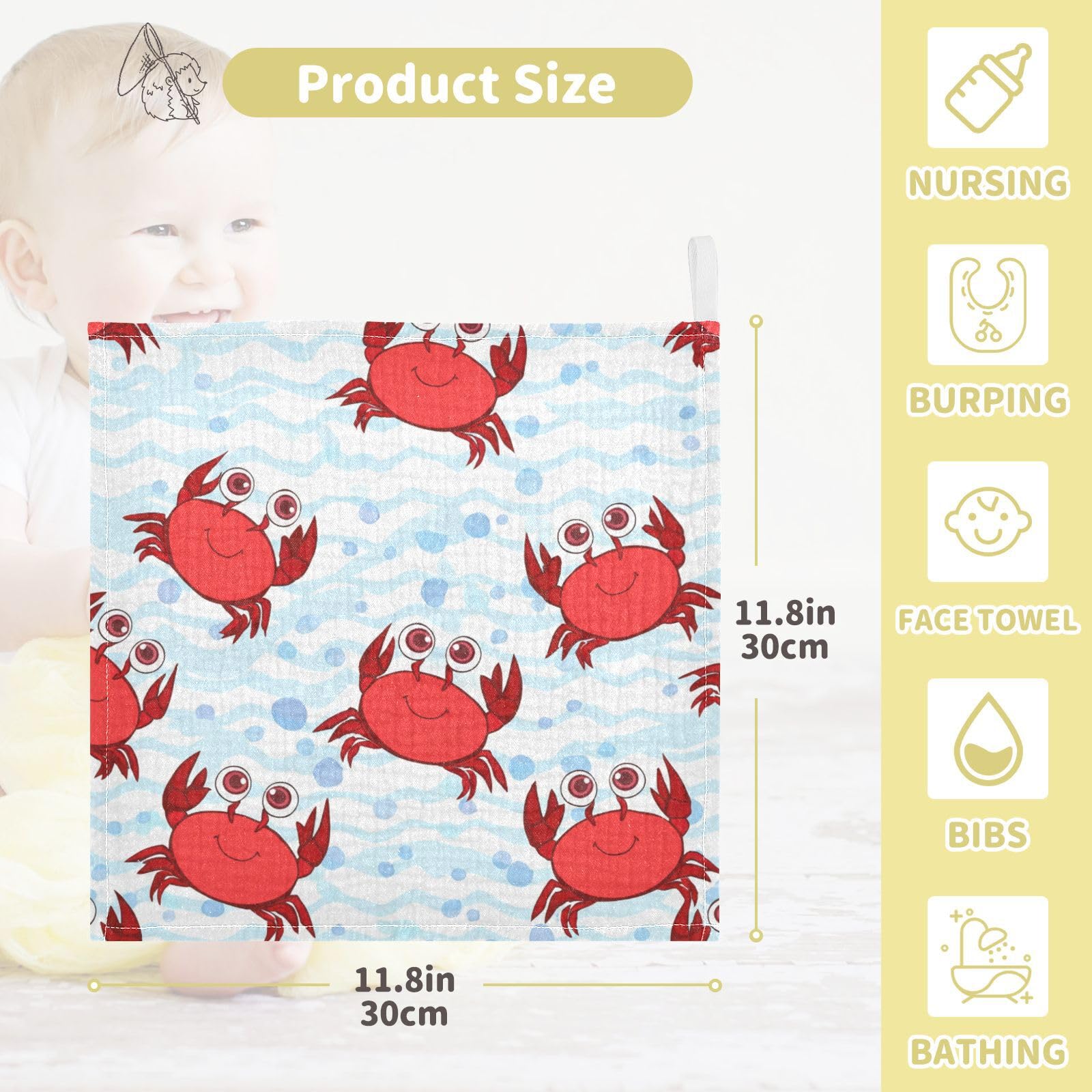 Nander 3Pack Baby Muslin Washcloths,Cute Cartoon Crab Soft Face Cloths for Newborn, Absorbent Bath Wash Cloths, Wipes, Burp Rag,Toddlers Essentials Stuff, Baby Registry as Shower