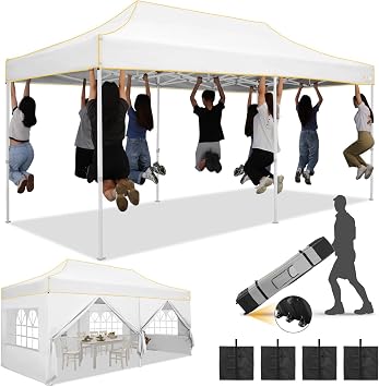 HOTEEL 10x20 Pop Up Canopy Tent, Upgraded Thickened Hexagonal Legs, White | Pop up Tent with Waterproof & UPF 50+ Fabric, Portable Roller Bag, Gazebo for Outdoor Events/Garden Backyard Parties/Markets