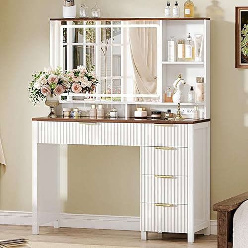 Escritorio de tocador de maquillaje con espejo y luces, mesa de tocador de vidrio de 43.3 pulgadas con 5 cajones y estantes, juego de tocador grande