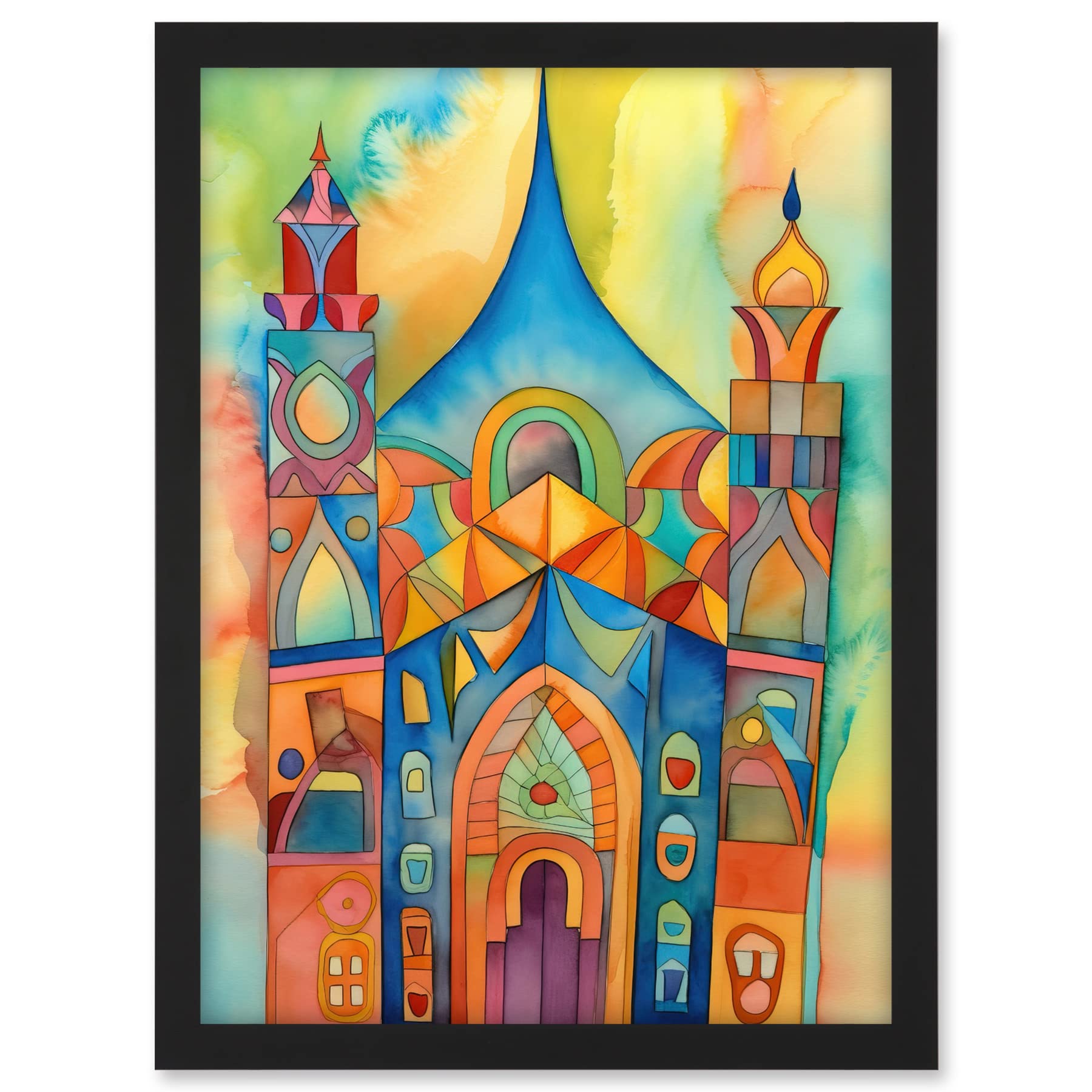 Artery8 Jewish Synagogue Building Multicoloured Folk Art Watercolour Painting Artwork Framed A3 Wall Art Print