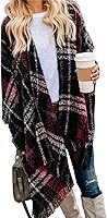 VIMPUNEC Women's Boho Buffalo Plaid Poncho Shawl Wrap Cape Sweater Knit Cardigan with Tassels