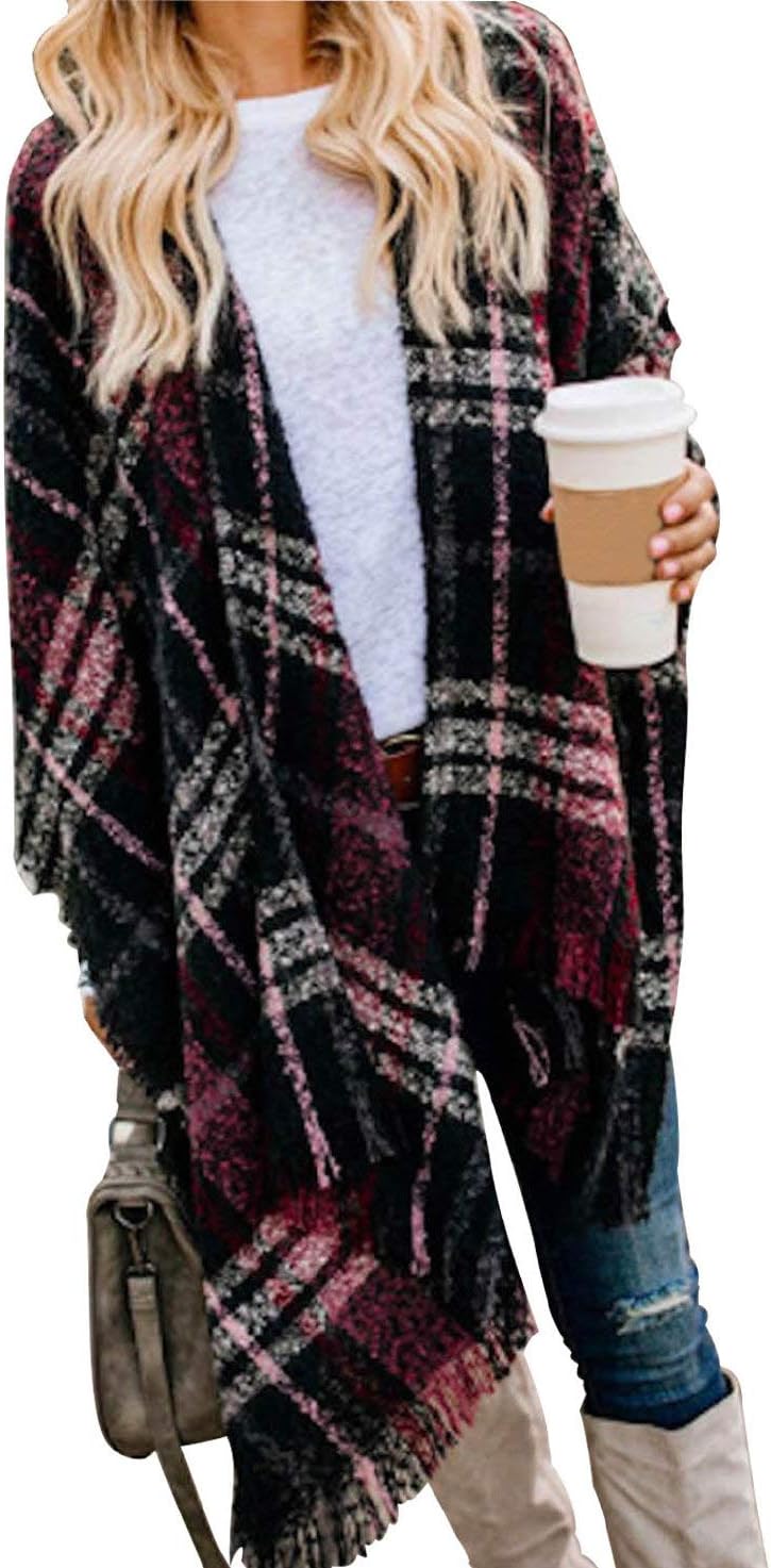 VIMPUNECWomen Boho Buffalo Plaid Poncho Pashmina Shawl Wrap Cape Sweater Knitting Cardigan with Tassel