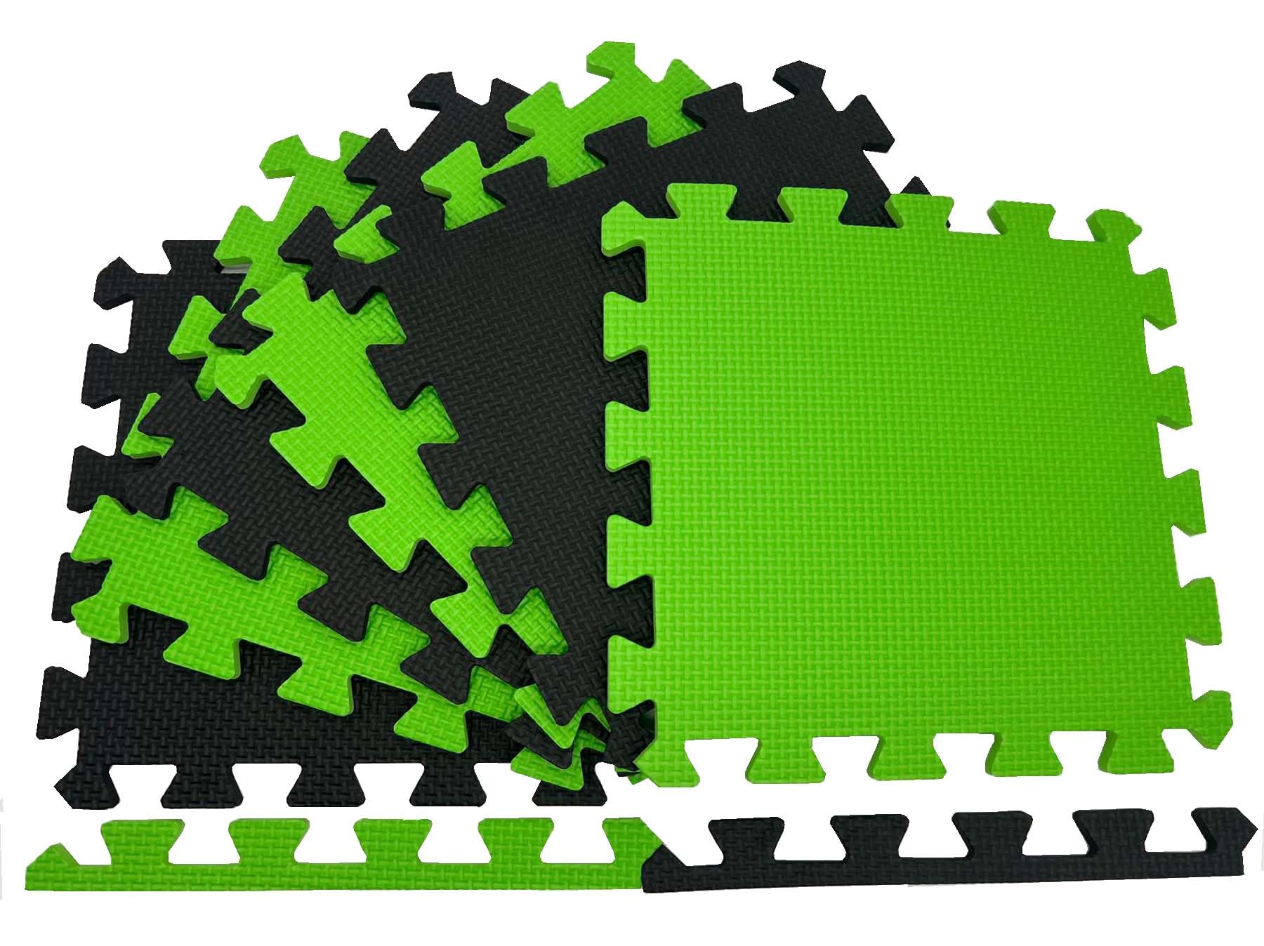 MaTvize Eva Foam Baby Play Mat – 24Pcs (29x29cm) 8mm Thick Soft Black & Green Interlocking Floor Tiles, Waterproof, Non-Slip, Safe & Comfortable Matting for Kids Child (Black+Green, 24 Pack)