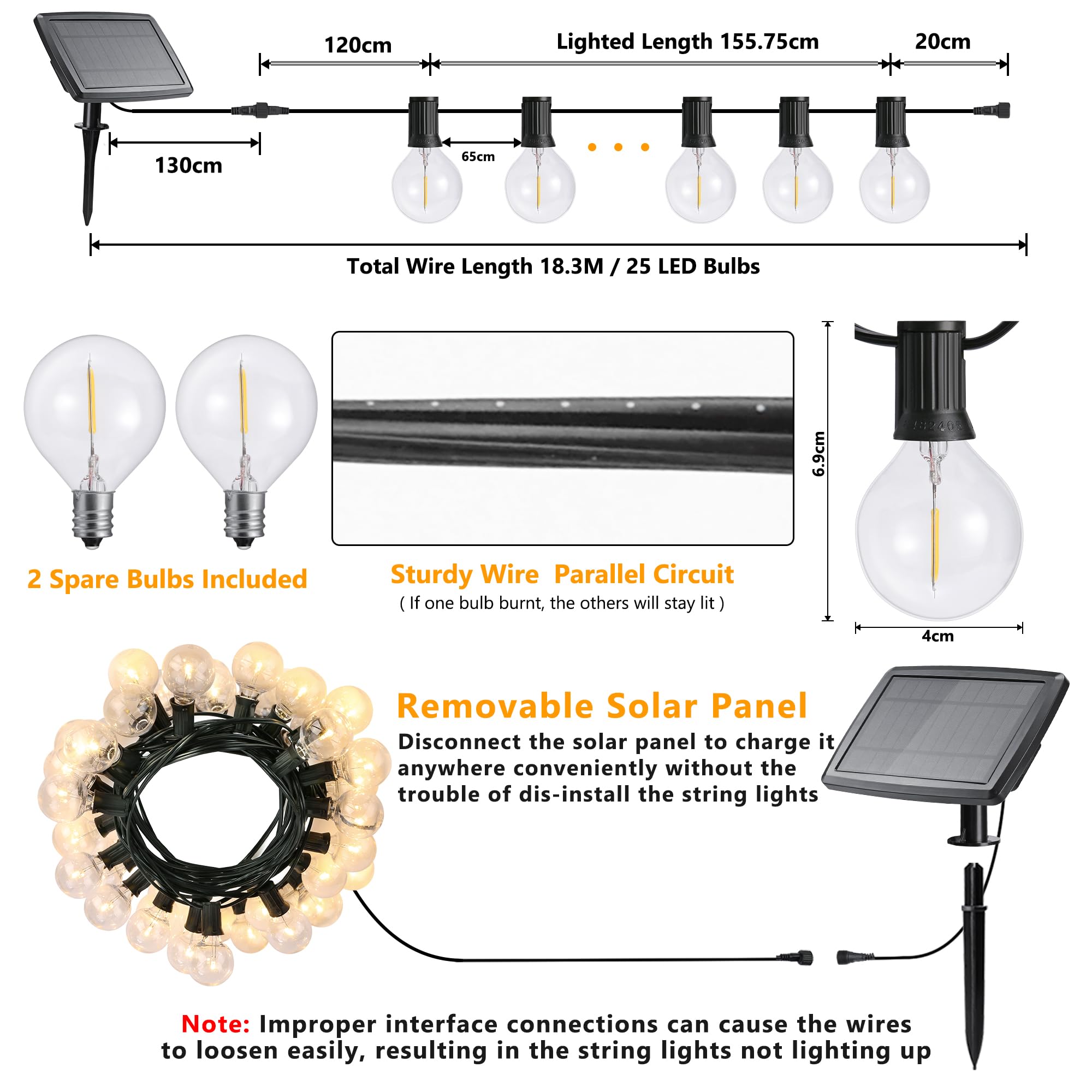 Joomer Luces Solares LED Exterior Jardin con USB Recargable, 15,6M Guirnaldas Luces Exterior Solar 25+2 G40 Bombillas, 4 Modos Luces Exterior Solar Blanco Cálido Impermeable para Patio Boda Fiesta