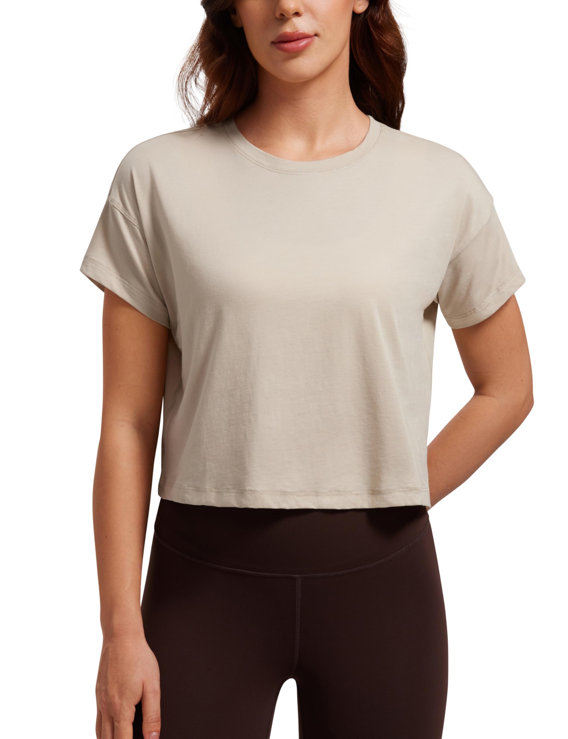 CRZ YOGA Women's Pima Cotton Workout Short Sleeve Shirts Loose Athletic Crop Tops Gym Casual Cropped T-Shirt — view 16