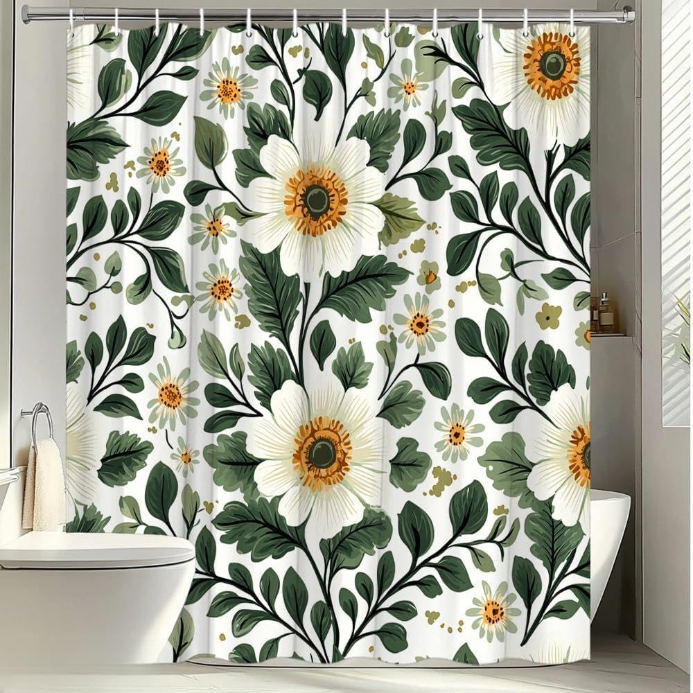 GLWDMB 1 Piece 180x220CM White Flowers and Green Leaves Printed Shower Curtain With Hook, Polyester, for Windows And Walls, Bathtub, Bathroom, Machine Washable, All Season Universal