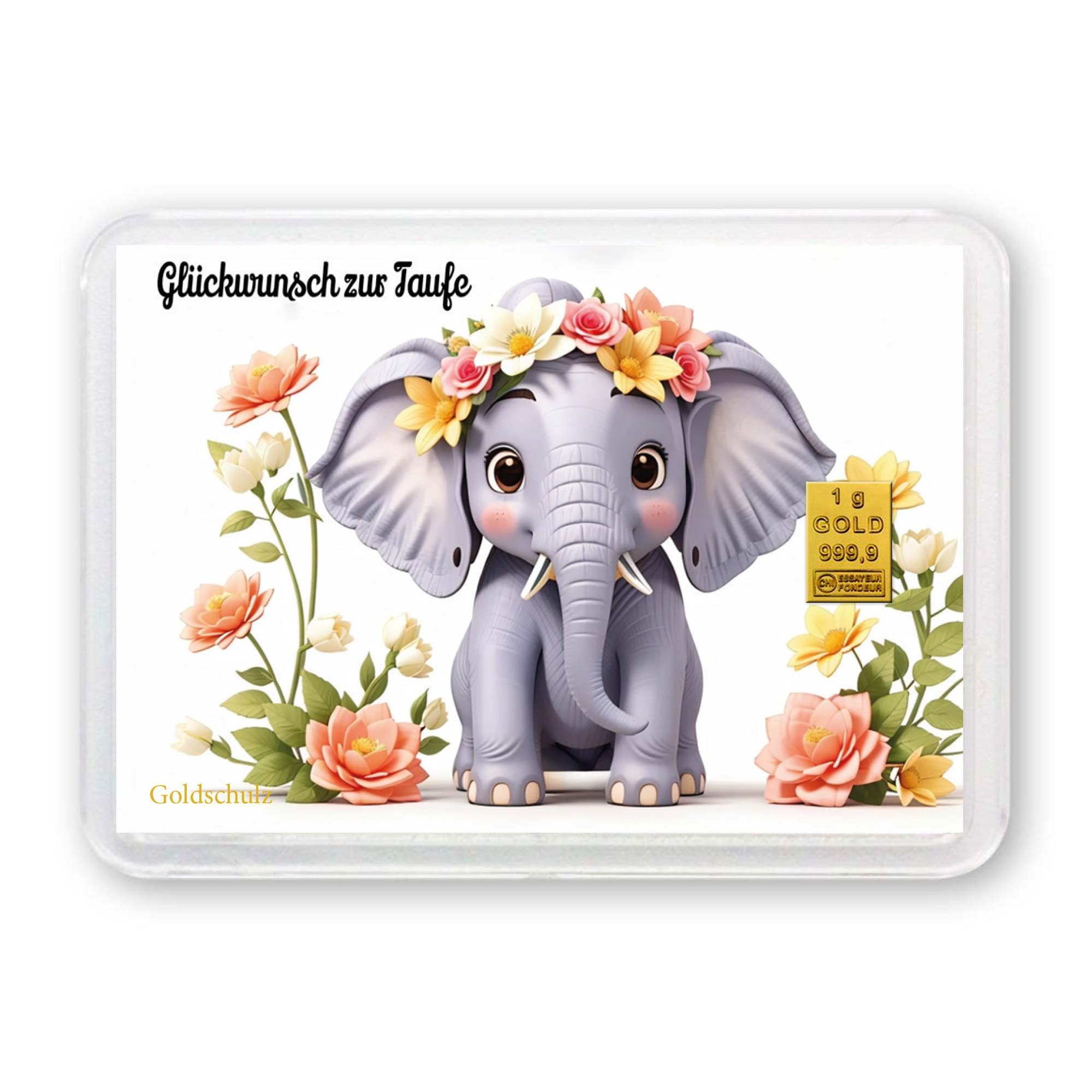 Goldbarren 1g 1 Gramm Motivbox - Zur Taufe Elefant - Geschenk + Echtheitszertifikat