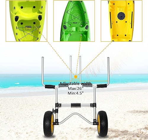 Miniatura 4 de Bonnlo Kayak - Remolque plegable de aluminio para kayak con neumáticos sólidos de 10 pulgadas, carrito de ruedas universales para kayaks, carrito de
