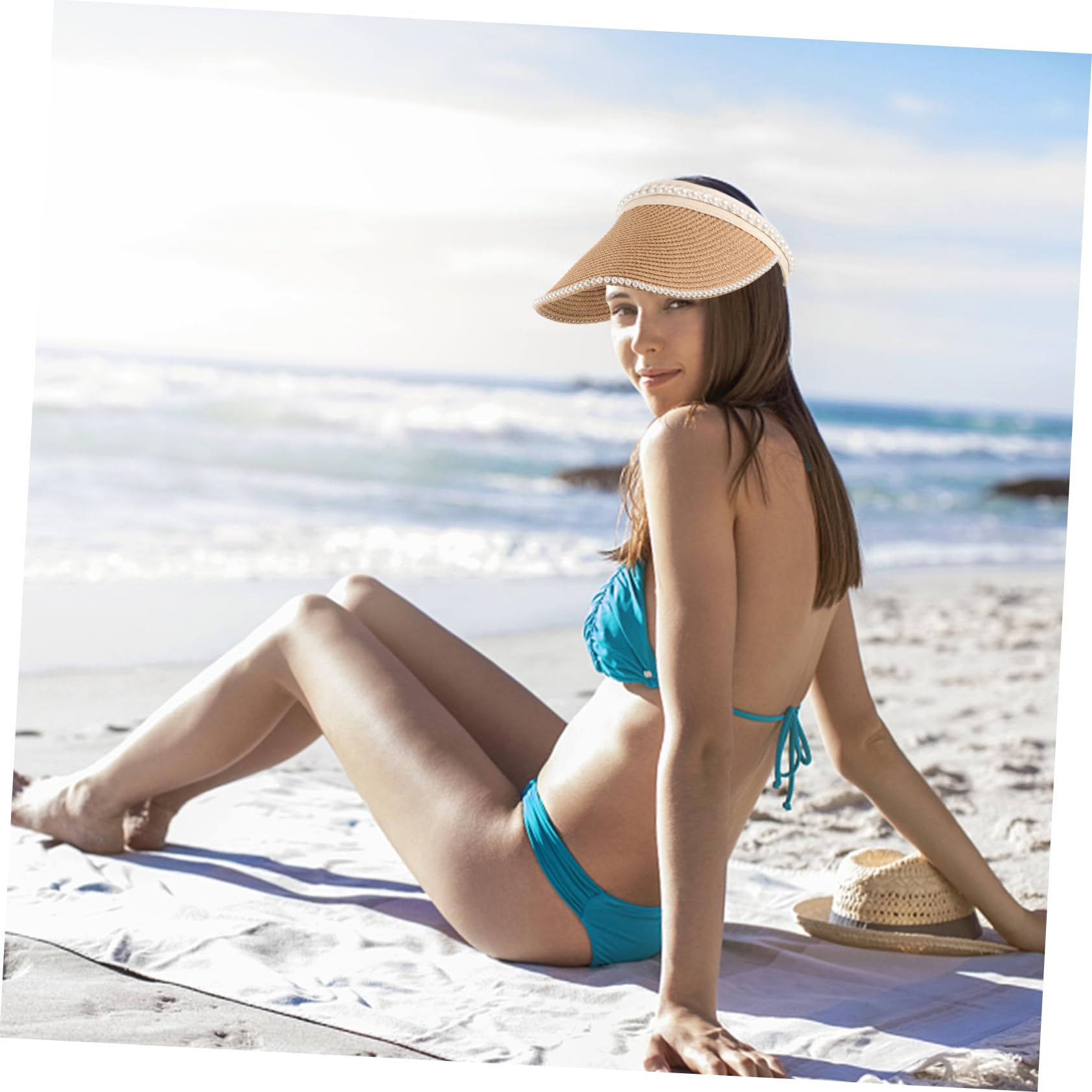 Visera Solar de Paja Perlas para Mujer, Sombrero Parasol