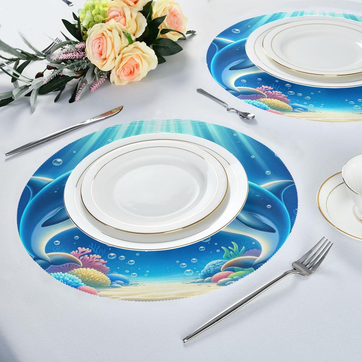 Cute Dolphins Sea Animals Dining Room Table Placemats, Placemats Set, Washable Placmats for Kitchen, Indoor/Outdoor