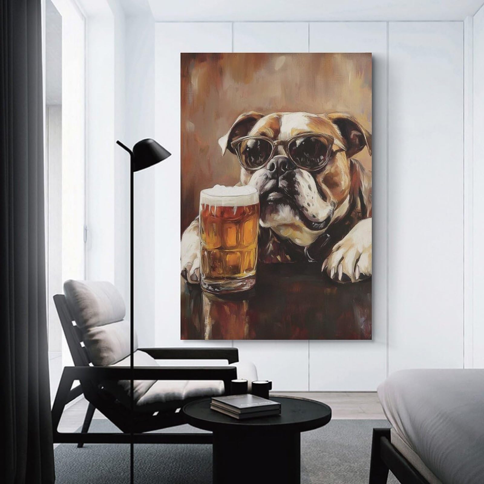 Junmoney Hanging Wall Art Cool Bulldog with Beer Painting, 24x36inch(60x90cm), for Gallery Wall Layouts in Home Or Office, An Easy Match for Collected Prints