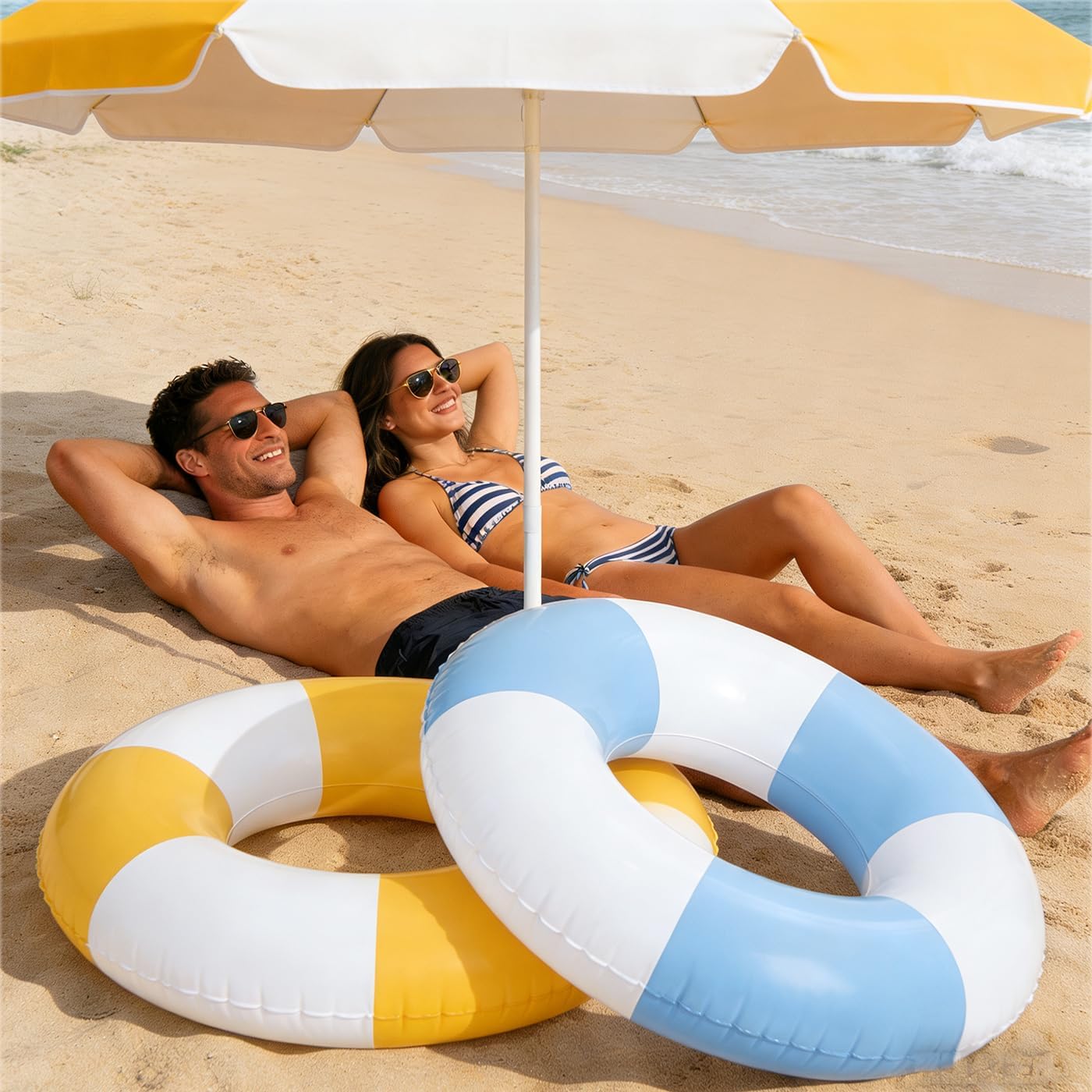 2PCS 37" Inflatable Pool Floats for Adult Striped Swim Ring Pool Floaties Inflatable Swimming Pool Raft Party Water Summer Beach Lounger Float Party Supplies