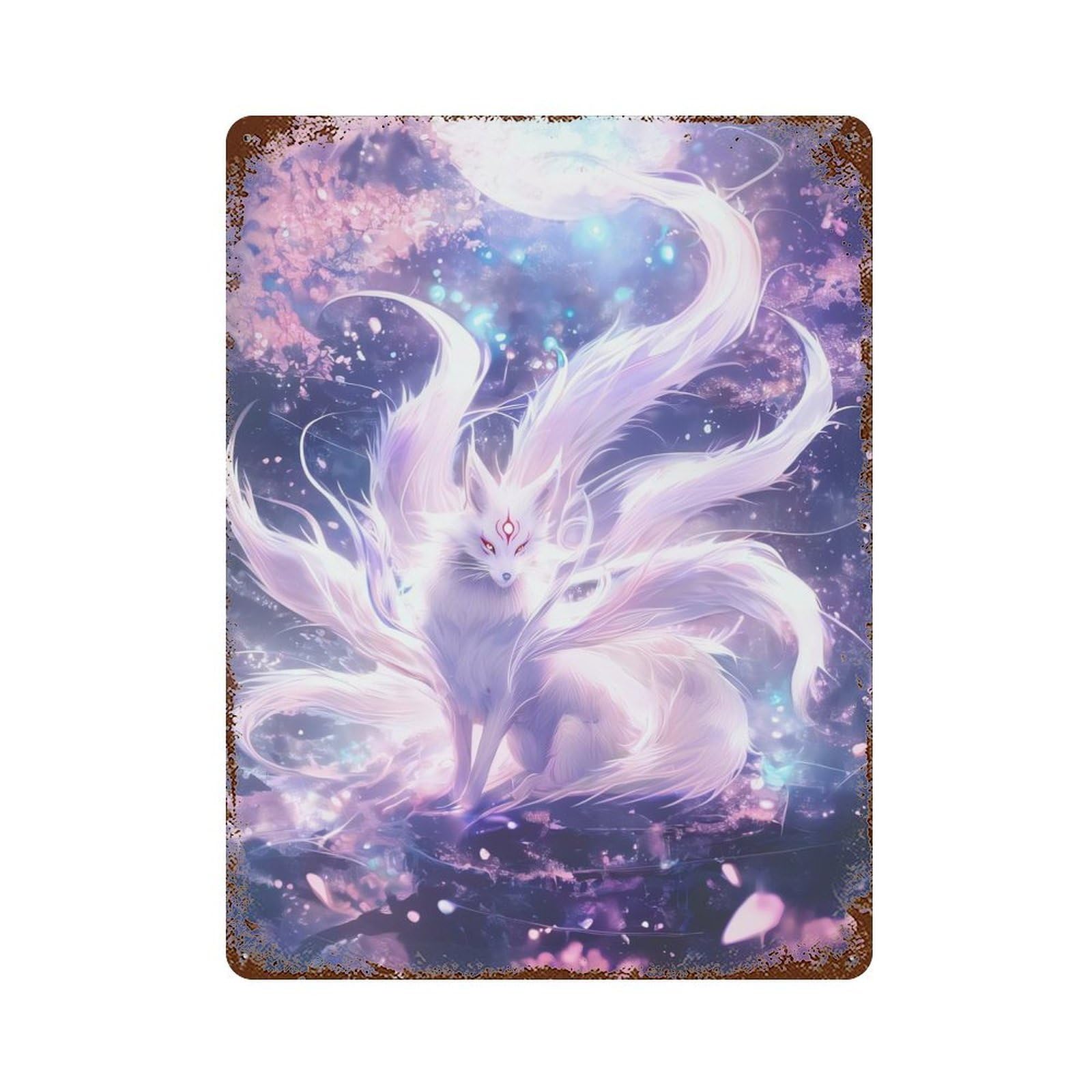 Decorative Tin Sign with Nine-Tailed Fox in Cherry Blossom Scene Design 15.7"x11.8", for Basement, Hobby Room And Garage Decor, Farmhouse Wall Decor