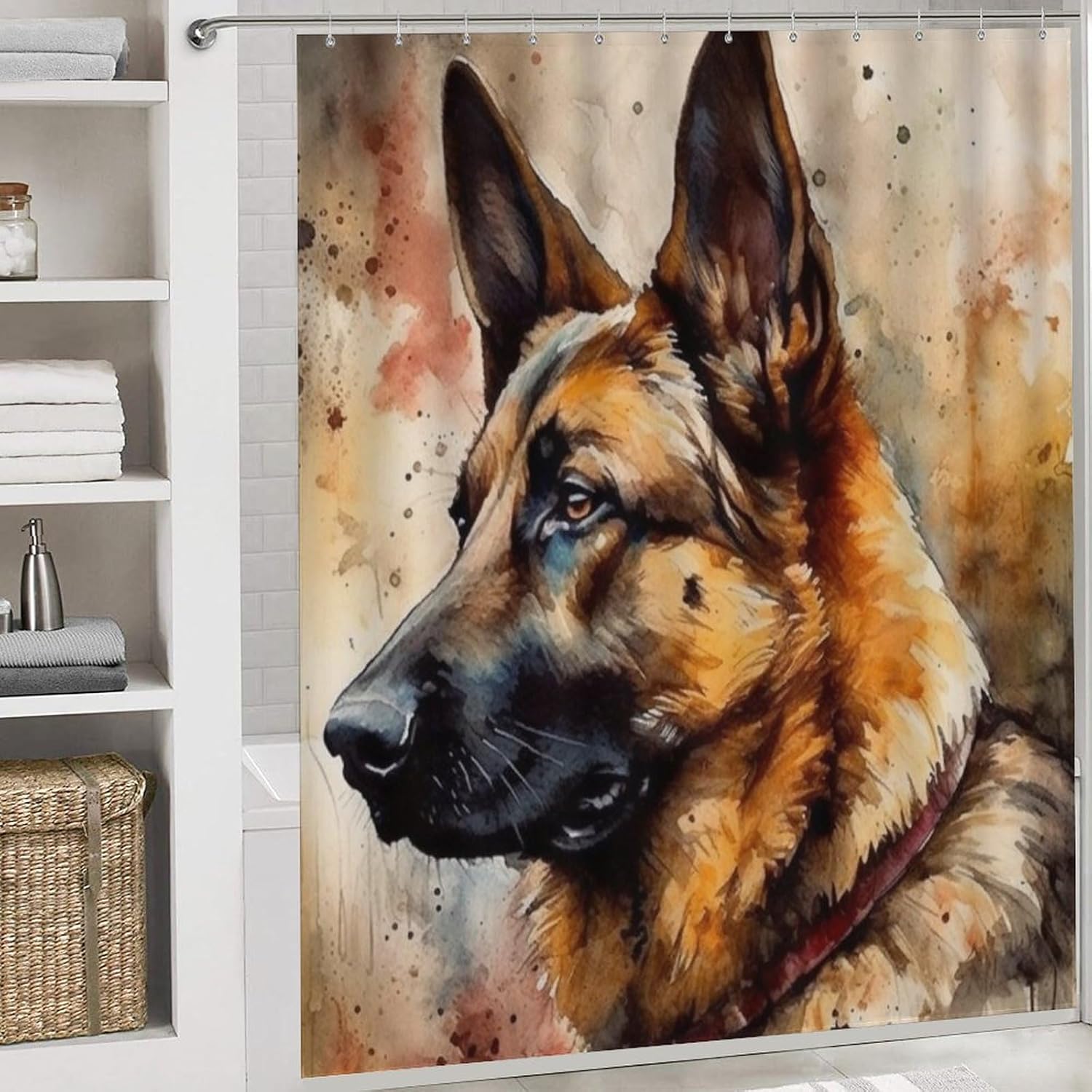 Abstract Animal Dog Shower Curtain Sets 4 Piece,Watercolor Oil Painting Style Cute German Shepherd Print Bathroom Decor Sets with Rugs Include Waterproof Non-Slip Toilet Lid Cover Bath Mat