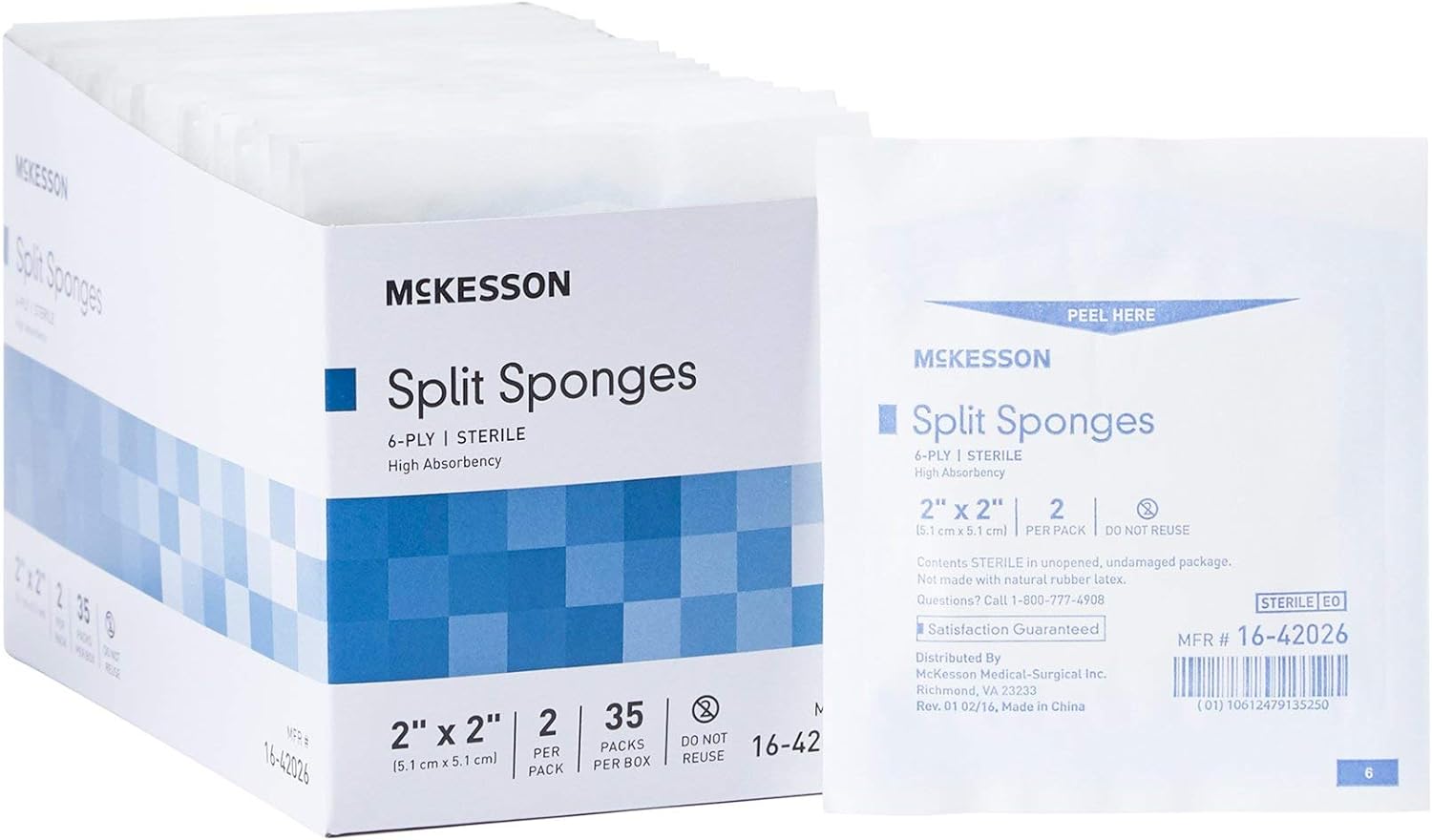 McKesson Split Sponges, 6Ply Sterile, I.V. and Tracheostomy Dressings, Polyester