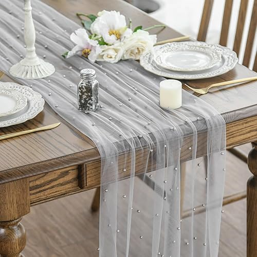 Artoid Mode Pearl Grey Gauze Table Runner 120 Inch 10FT, Seasonal Sheer Dining Holiday Wedding Birthday Baby Shower Table Decor for Home Party