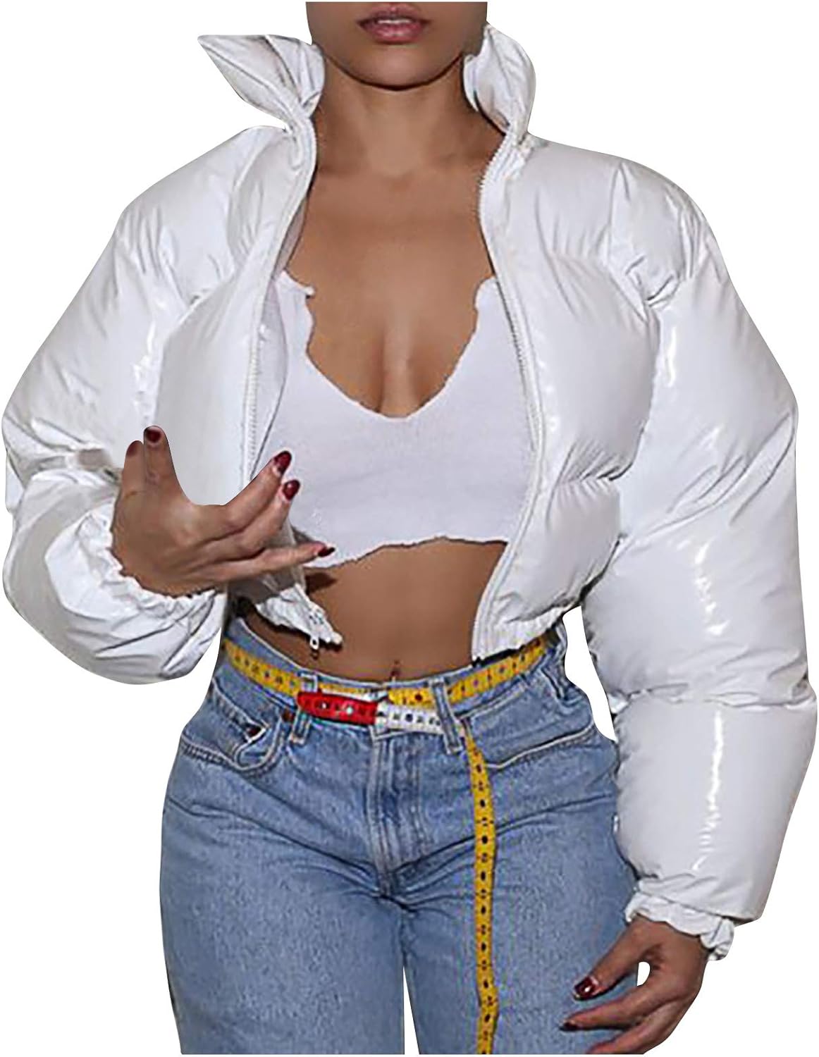 ★ ★ Women's Crop Glossy Curved Quilted Down Puf Amazon.com: COZYPOIN Women's Metallic Shiny Cropped Puffer