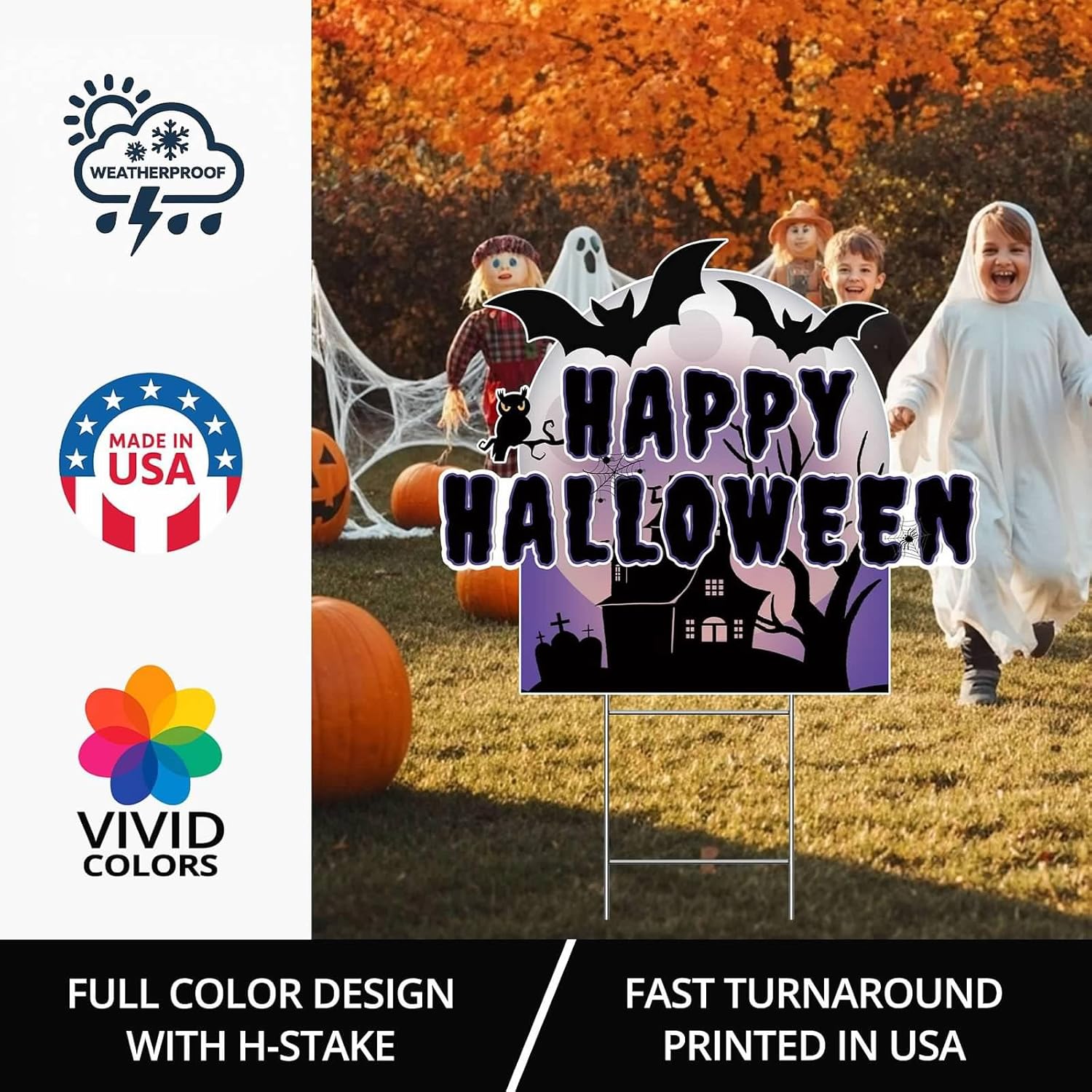Happy Halloween Yard Sign – 24" × 20.2" with Metal H-Stake, Weatherproof Outdoor Decoration, Purple