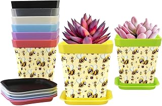 Paquete de 8 plantas de semillero de plástico para guardería, lindo patrón de abejorros amarillos, maceta con bandeja, 8 colores