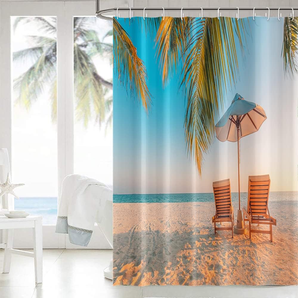 Tropical Beach Shower Curtains Summer Coastal Ocean Island Sailing Sun Beds Nautical Shower Curtain for Bathroom Decor Waterproof Polyester Fabric with 12 Hooks, 72x72 Inch