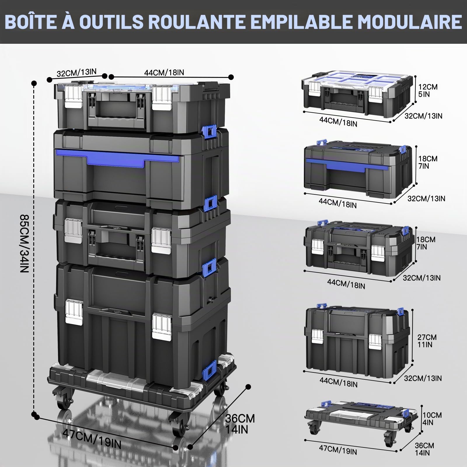 Caisse a Outil à roulettes à cinq niveaux,Boite a Outils Modulaire Empilable,Caisse a Outil Vide Portative avec Tiroir,Robuste et Durable,dans le garage, les réparations domiciliaires