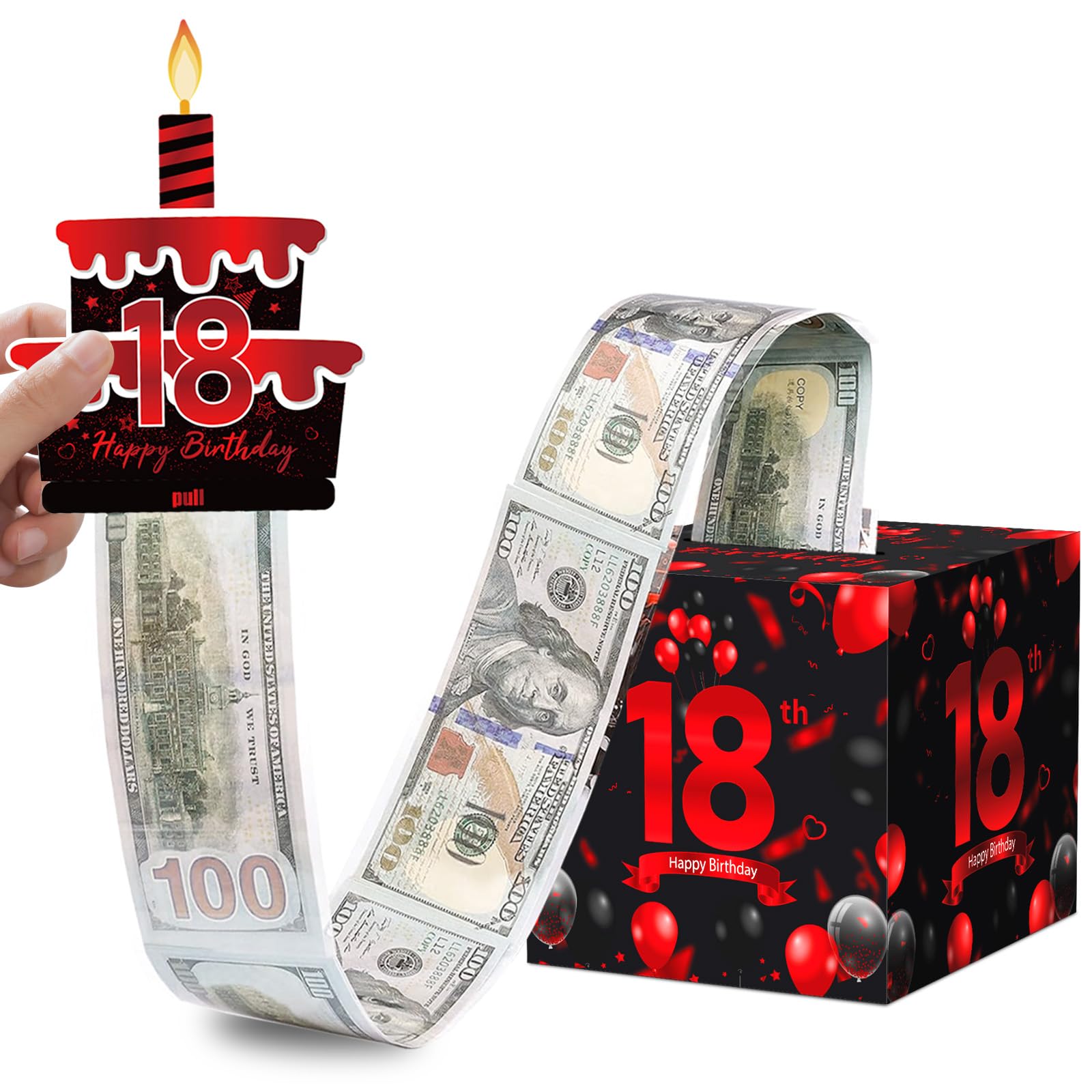 AOYOO 18th Birthday Money Box - Surprise Pull Out Cash Gift Box with 50 Transparent Bags | Creative Money Present for Teens, Girls & Boys | Unique 18