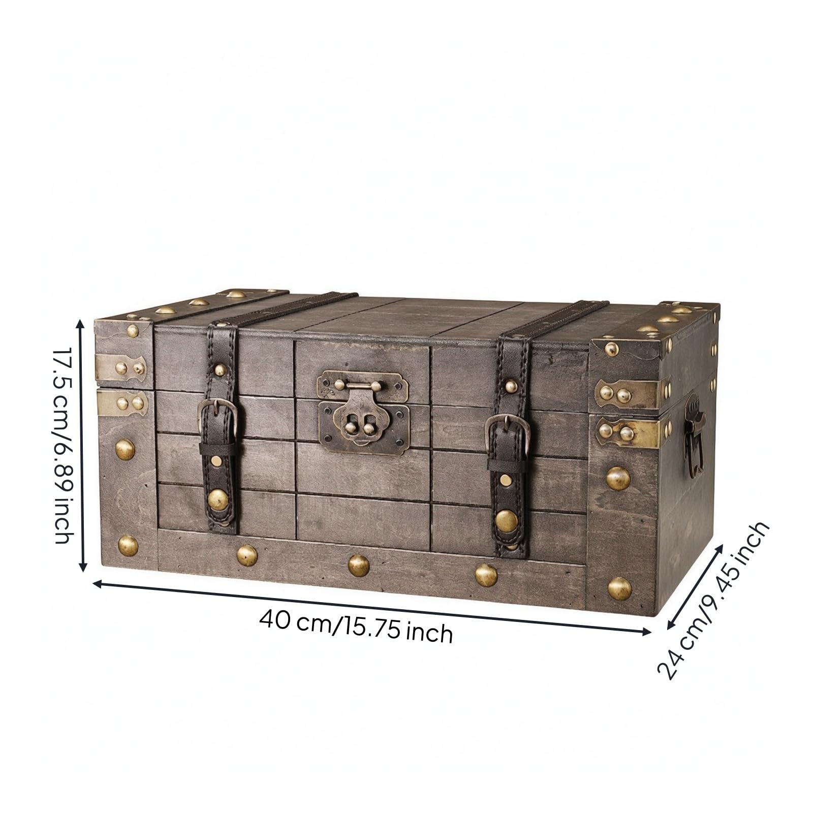 Baoblaze Baúl Antiguo de Madera Caja Contenedor Decorativo con Tapa Abatible Madera con Pátina Verdosa Correas y Remaches Cierres Metálicos Asas Laterales, Verde Envejecido, Grande