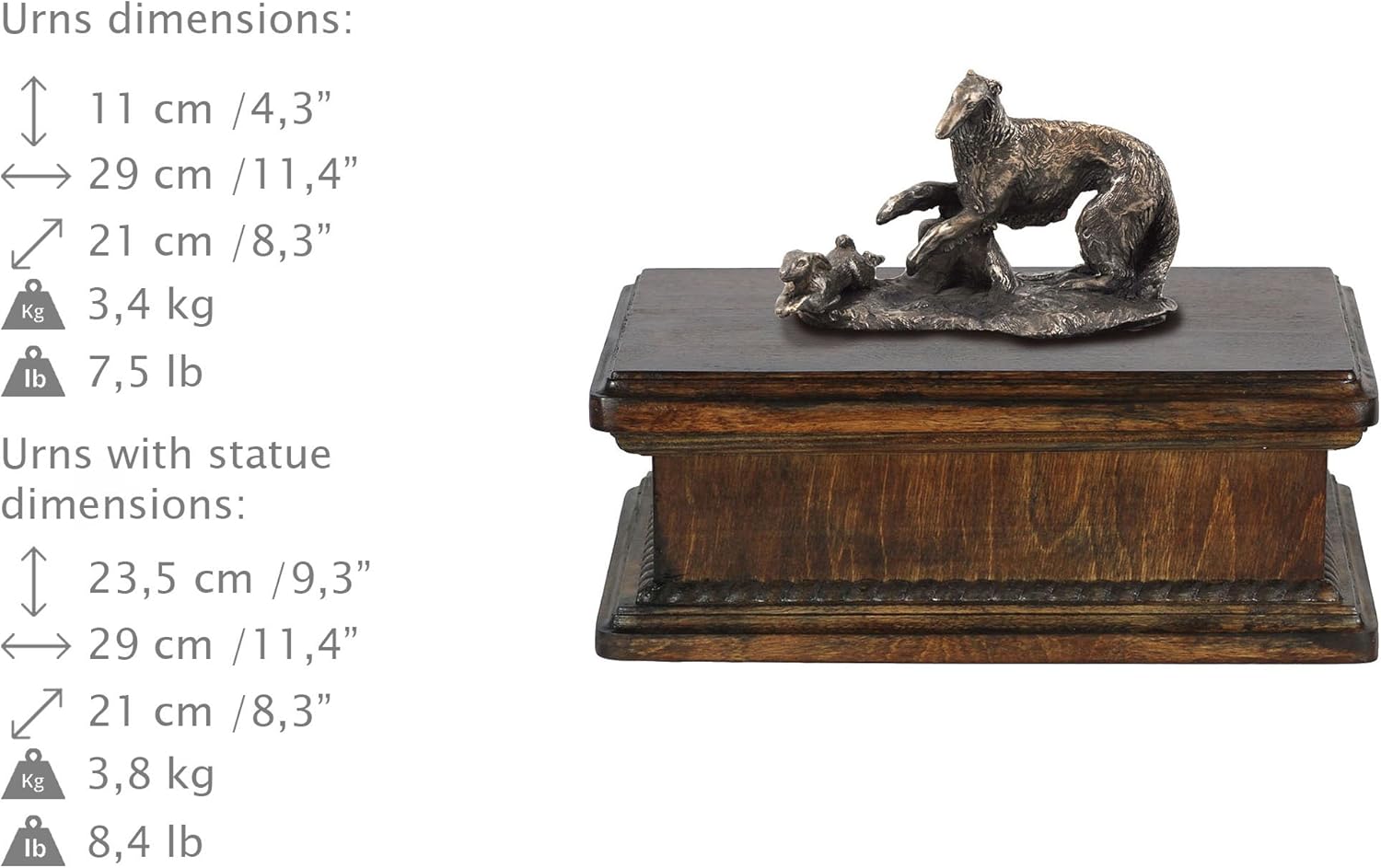 Art-Dog Custom Dog Mama Sitting Statue Memorial Urn - Handmade Cold Cast Bronze on Birch Base – Sturdy and Stylish Urn for Dog’s Ashes – 24,5x29x21cm – 5l – Borzoi