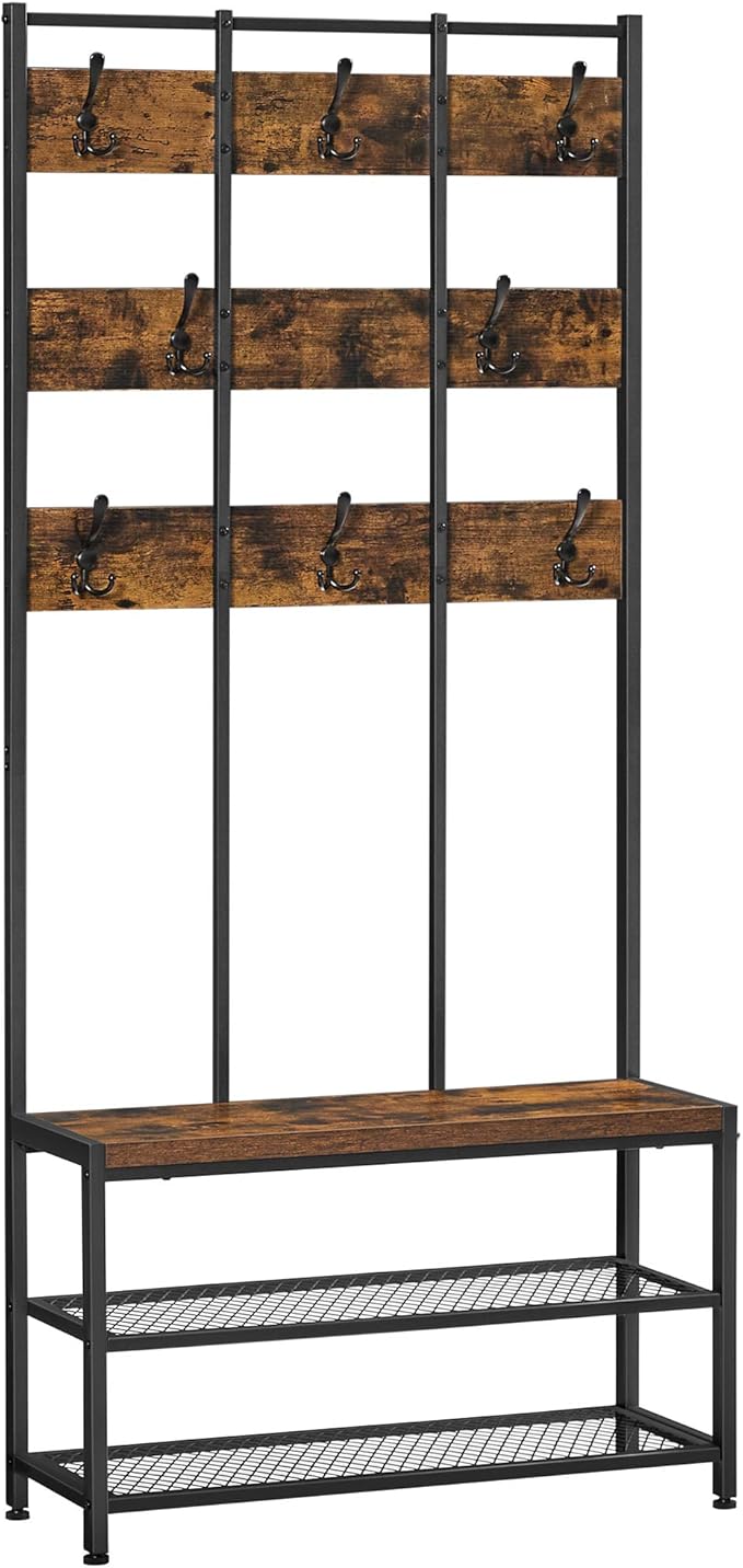 Appendiabiti VASAGLE Con Panchina - Armadio Ingresso, Scarpiera, 5 Ganci Doppi, Stile Industriale, 80x32x178.5 Cm - Foto 3