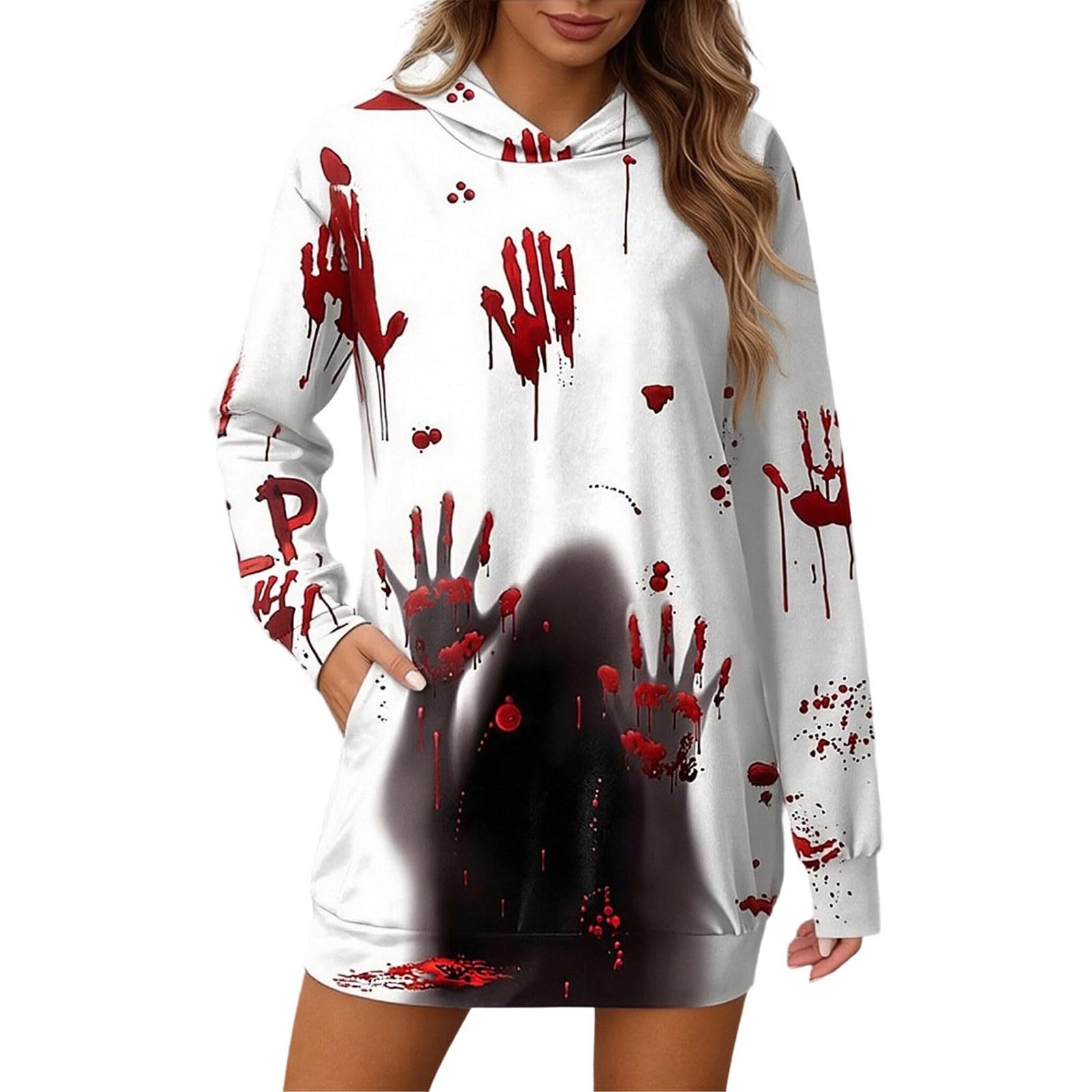 Vestido de Halloween cómodo manga larga con capucha y funcionales bolsillos 5