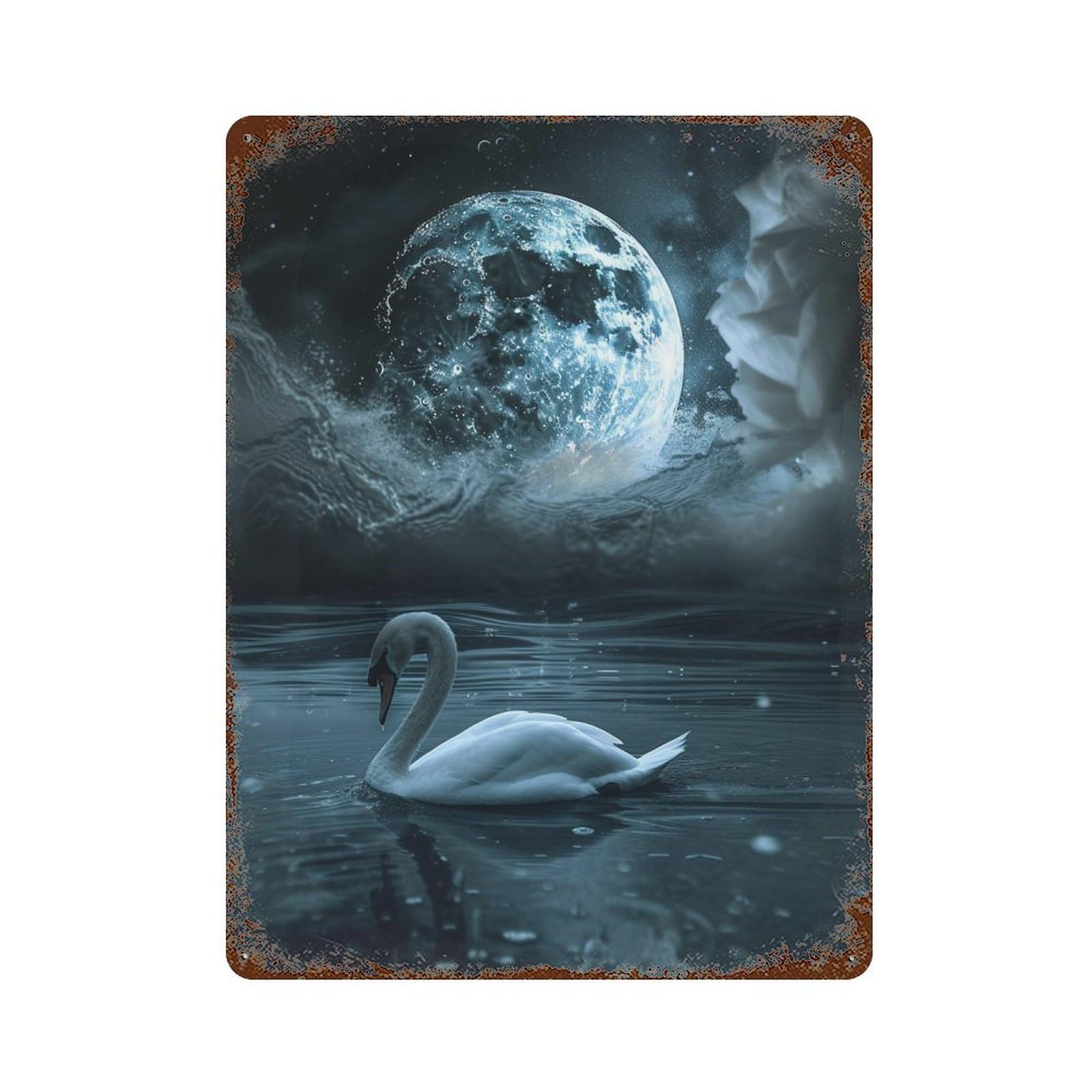 Swan Moonlit Lake Reflections 15.7"x11.8" Distressed Metal Wall Sign, Industrial Home Decor for Patio, Garden Room And Bar Decor