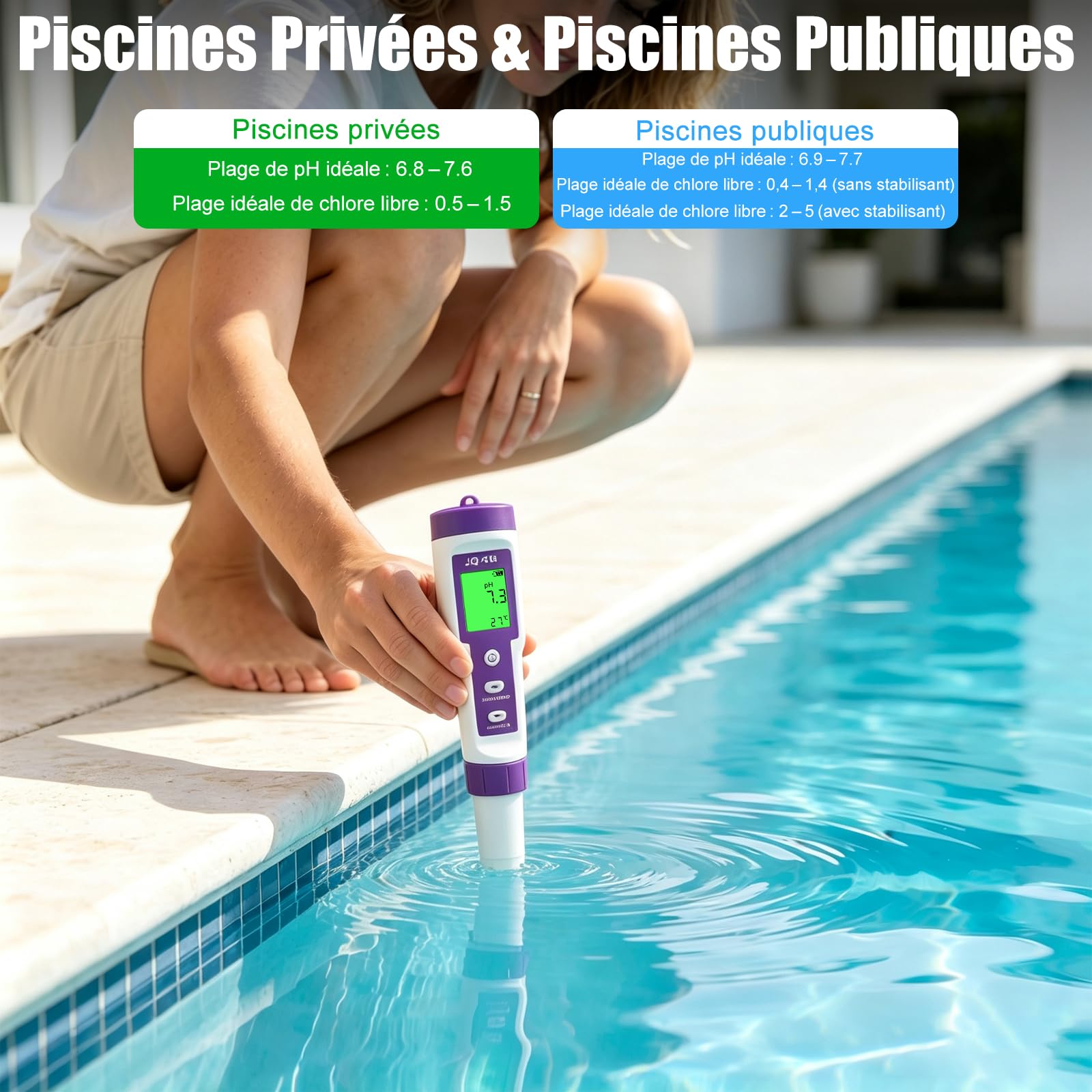 pH et Chloro Mètre Piscines, Testeur de Chlore Piscines, Rechargeable