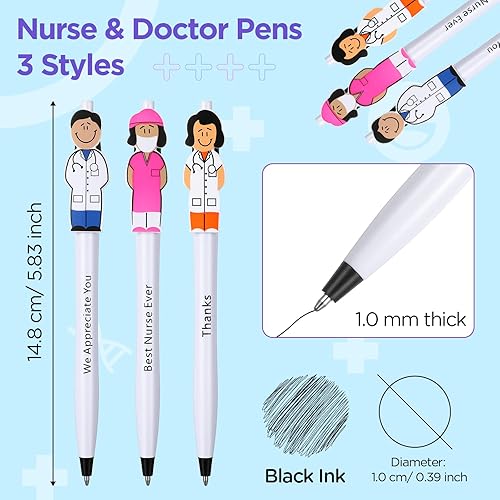 Miniatura 2 de 60 bolígrafos lindos para enfermera y lindo bolígrafo de doctor, 3 estilos de agradecimiento y cuidado de 0.039 in, divertidos bolígrafos de tinta