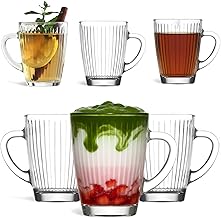 HESTIA Set of 6 Tea Glasses with Handles, Elegant Coffee Glasses with Inner Groove Relief, Lead-Free Glass Cups for Matcha, Cappuccino & Tea, Glass with Handle (250 millilitres)